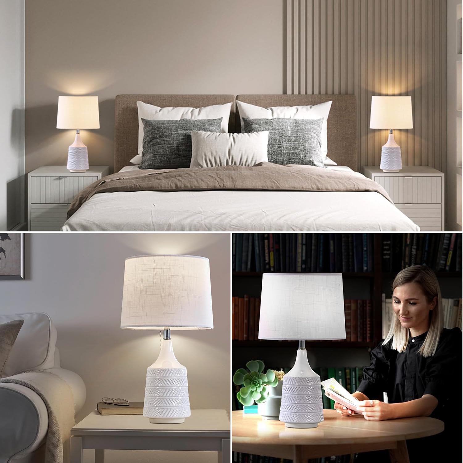 White Ceramic Table Lamps Set of 2, Decor Farmhouse Lamps for Living Room End Tables, 18.5" Bedside Lamps for Night Stands, Modern Boho Lamp for Bedroom Office, 3-Color Temperature LED Bulbs Included