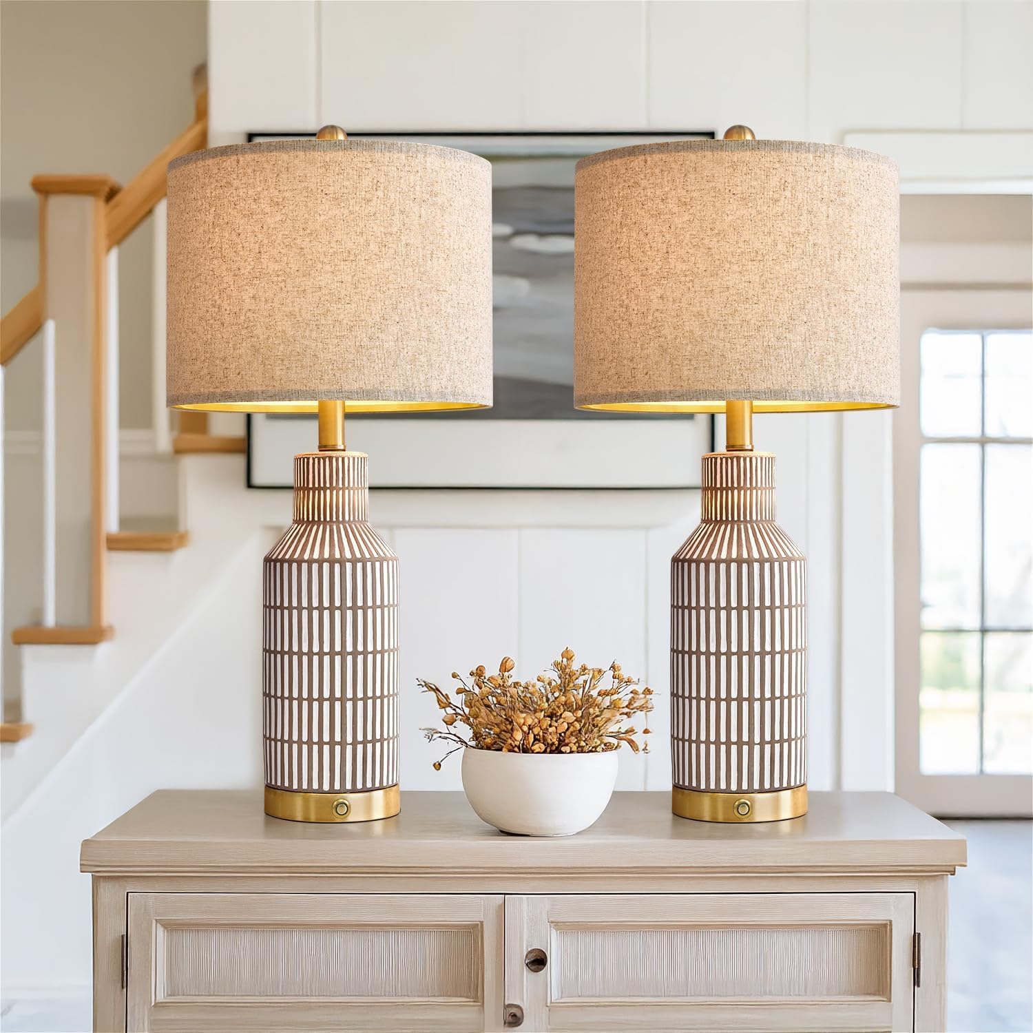 25" Table Lamps Set of 2 - Modern Bedside Lamps for Living Room - White Washed Ceramic Nightstand Lamps for Bedroom