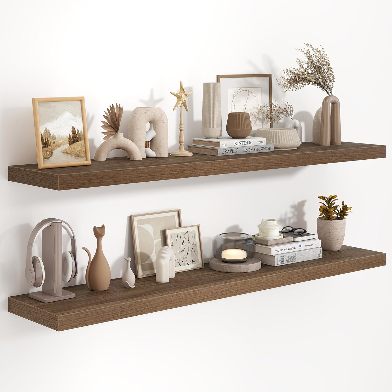 Fun Memories 36 Inch Long Floating Shelves for Wall, 9.3 Inch Deep Floating Shelf, 2 Packs Long Shelves for Bathroom, Living Room, Bedroom, Wall Mounted Storage Shelf for Books Decor, Rustic Brown