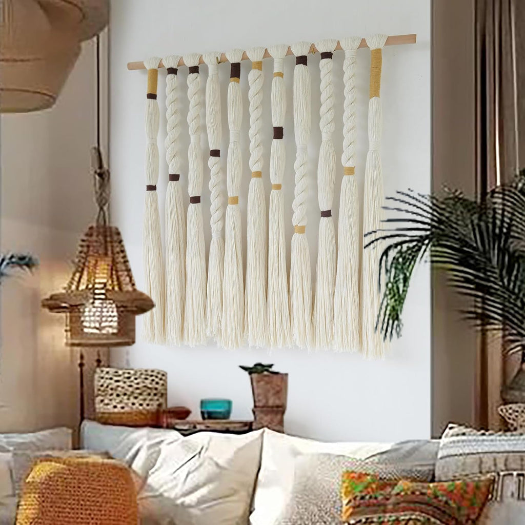 Flber Macrame Wall Hanging Woven Knot and Tassel Fringe Handmade Boho Wall Art for Bedroom, Living Room, or Entryway Decor 27" W x 29" L