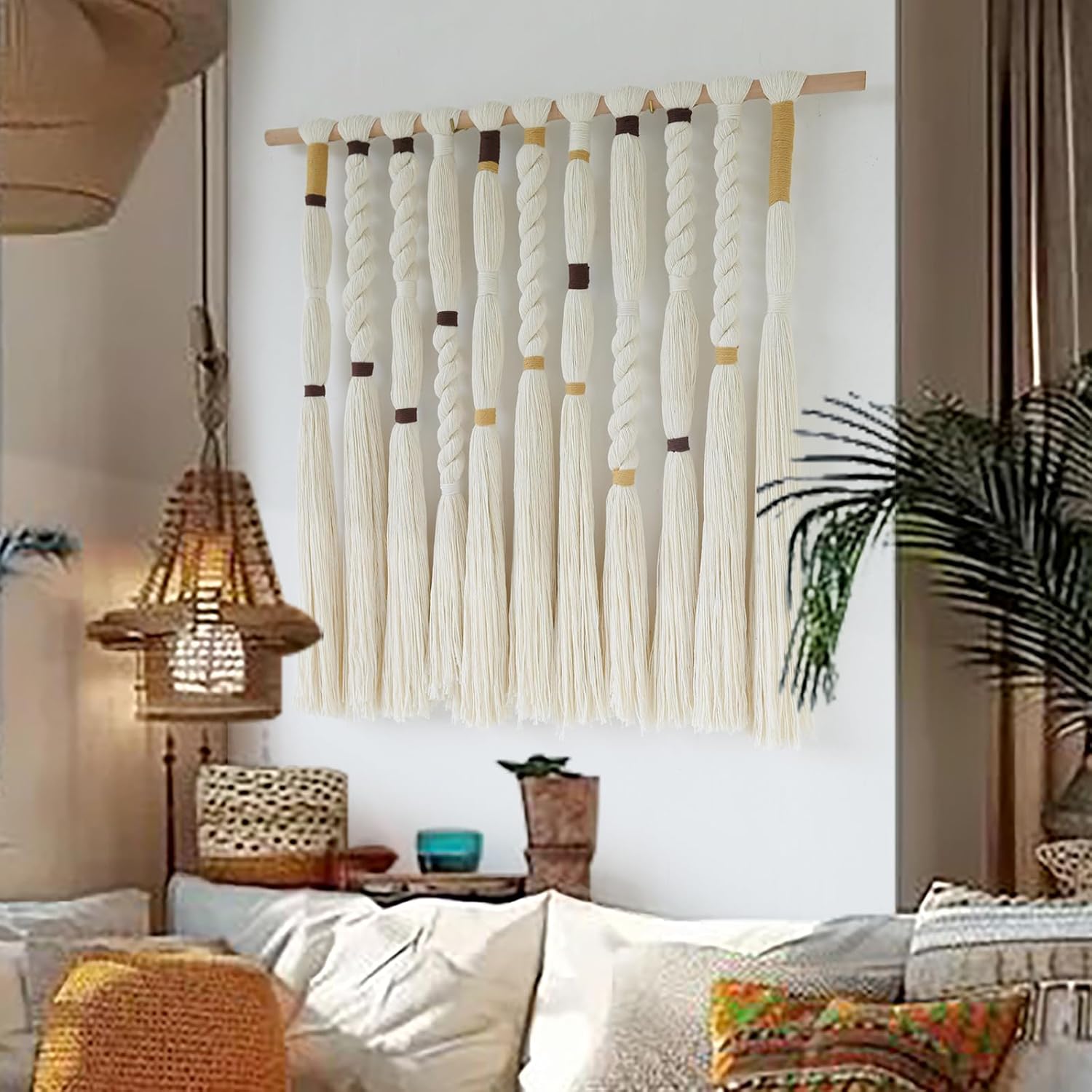 Flber Macrame Wall Hanging Woven Knot and Tassel Fringe Handmade Boho Wall Art for Bedroom, Living Room, or Entryway Decor 27" W x 29" L