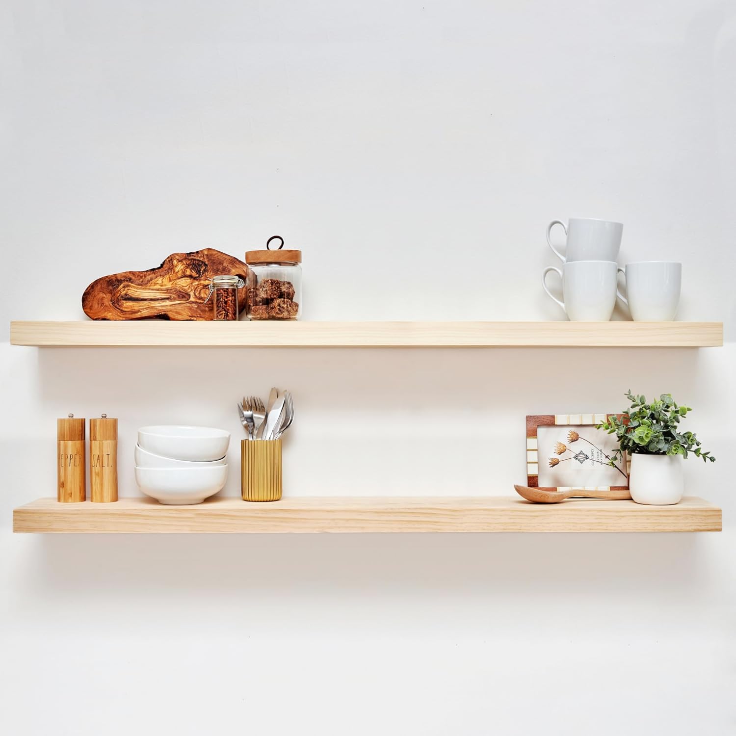 Homeforia 24inch Oak Floating Shelf for Wall, High End Solid Real Wood 24 inches Long Floating Shelves for Bathroom, Honey Oak Wooden Floating Shelves, Heavy Duty Bracket, 24 X 6.5 X 1.75 in, Set of 2