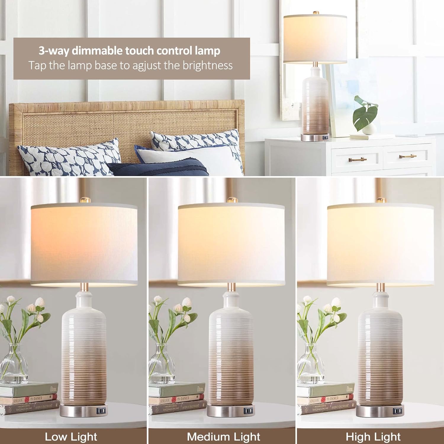 Ceramic Table Lamps Set of 2 with Dual USB Charging Ports, 3-way Dimmable Touch Control Bedside Lamps for Bedroom Living Room, Contemporary Nightstand Lamps with White Linen Drum Shade Bulbs Included