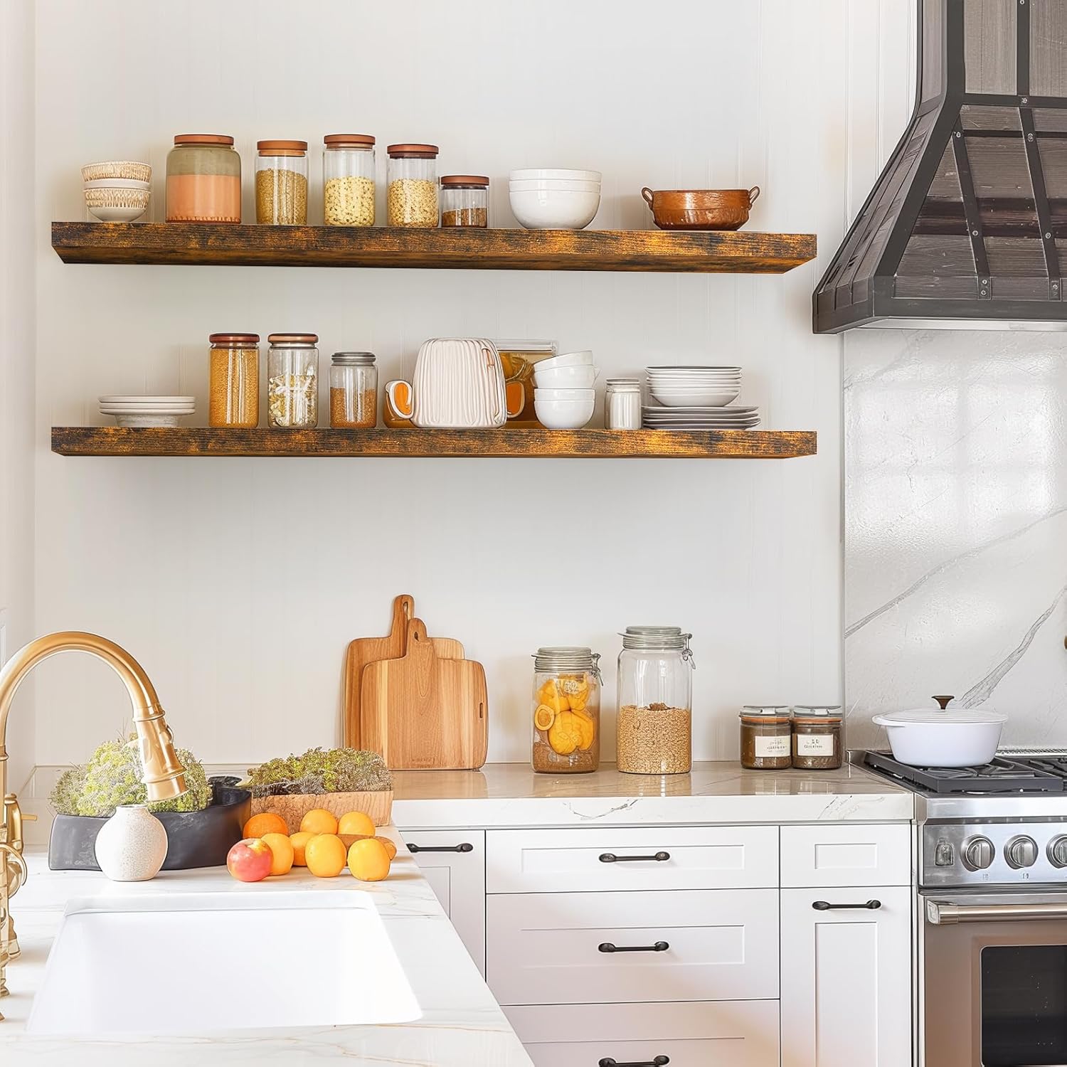 BAYKA Floating Shelves, 48 inches Long Wall Mounted Rustic Wood Shelves for Bathroom, Bedroom, Living Room, Kitchen, Office, Hanging Shelf for Books/Storage/Decor(Rustic Brown,Set of 2)