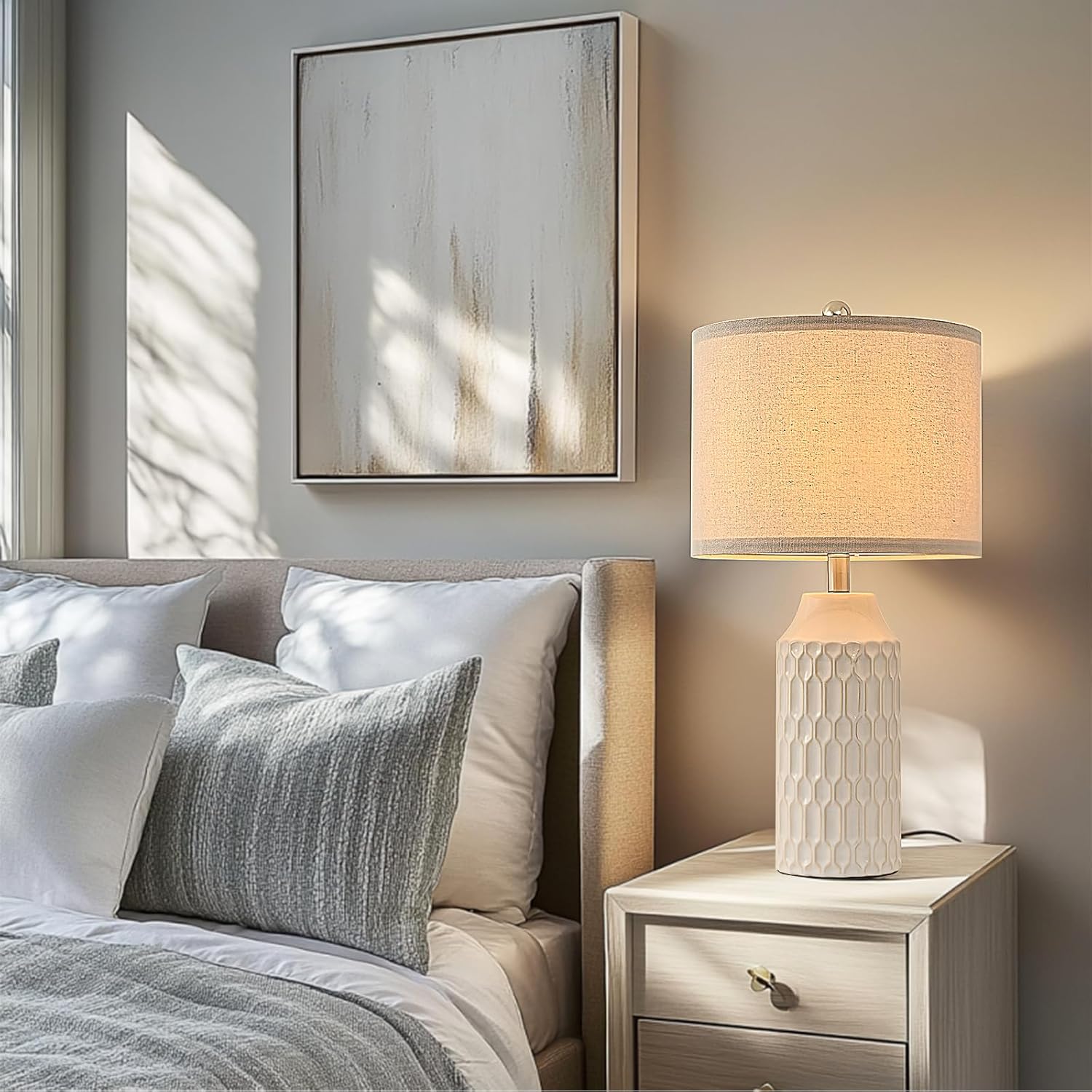 22IN Modern Ceramic Table Lamp Set of 2 White Lamps for Living Room Tall Bedroom Lamp Set Bedside Nightstand Lamps Set of Two Farmhouse Rustic Side Table Lamps for End Table Beige Desk Lamps