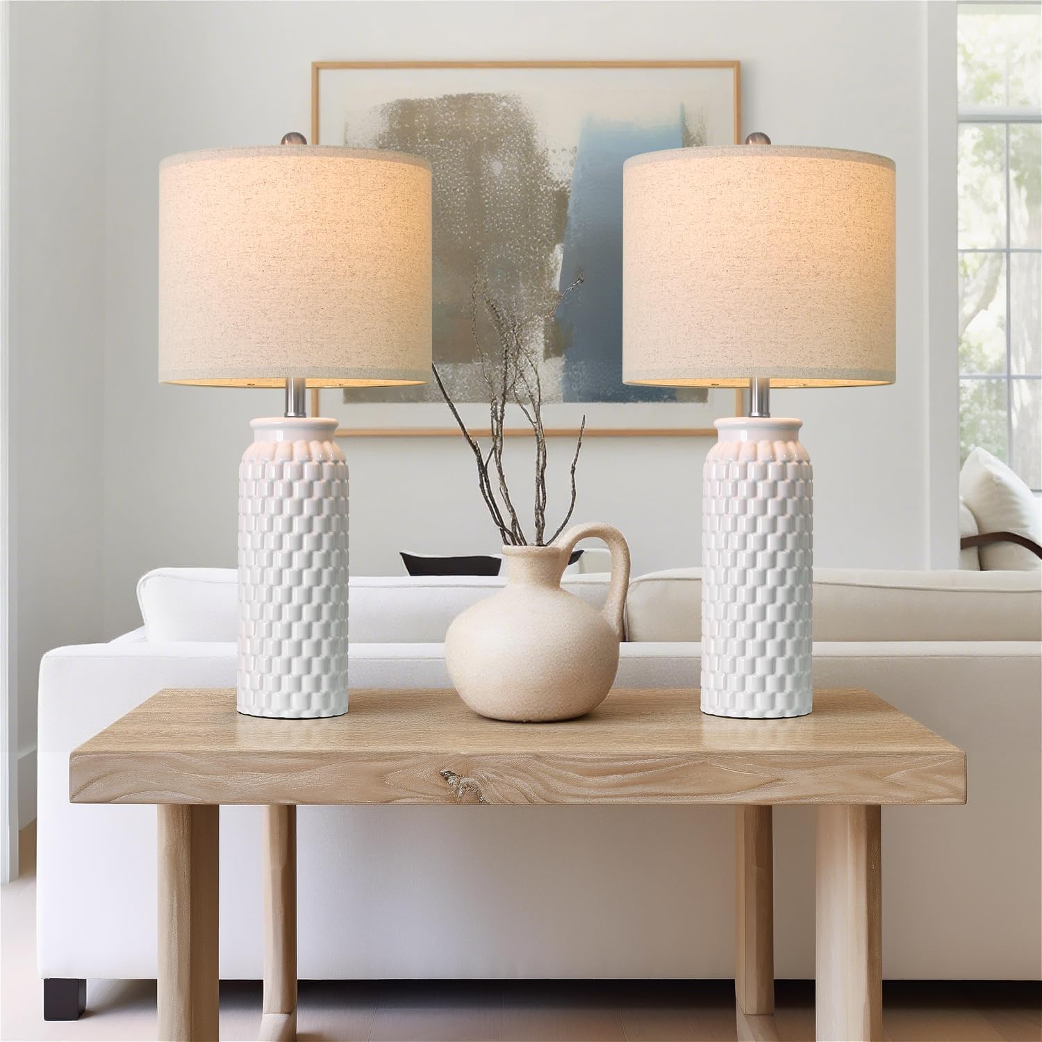 20.5" White Modern Ceramic Bedside Lamp Set of 2 for Bedroom Decor Farmhouse Table Lamp for Living Room Office Dorm