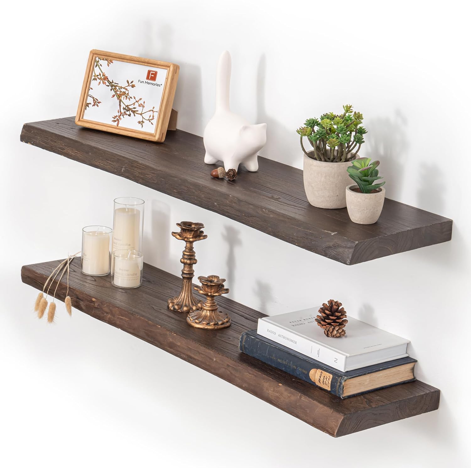 Floating Shelves for Wall, 36"x9.3" Rustic Solid Live-Edge Elm Wood Wall Shelves, Heavy-Duty Floating Shelves with Invisible Brackets, Set of 2 for Living Room, Bedroom, and Kitchen, Natural Finish