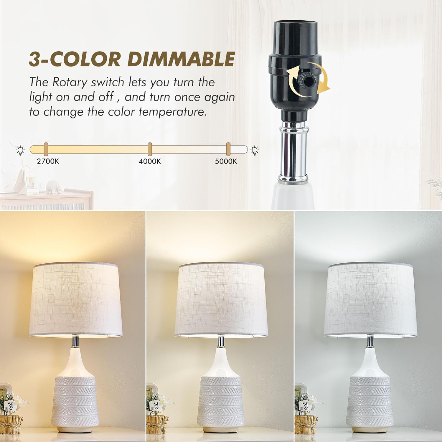 White Ceramic Table Lamps Set of 2, Decor Farmhouse Lamps for Living Room End Tables, 18.5" Bedside Lamps for Night Stands, Modern Boho Lamp for Bedroom Office, 3-Color Temperature LED Bulbs Included