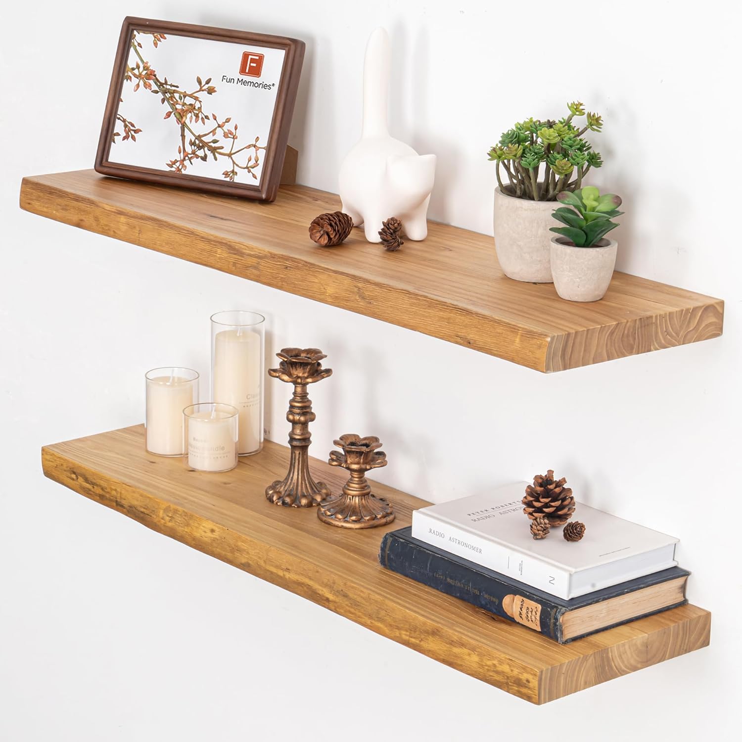 Floating Shelves for Wall, 36"x9.3" Rustic Solid Live-Edge Elm Wood Wall Shelves, Heavy-Duty Floating Shelves with Invisible Brackets, Set of 2 for Living Room, Bedroom, and Kitchen, Natural Finish