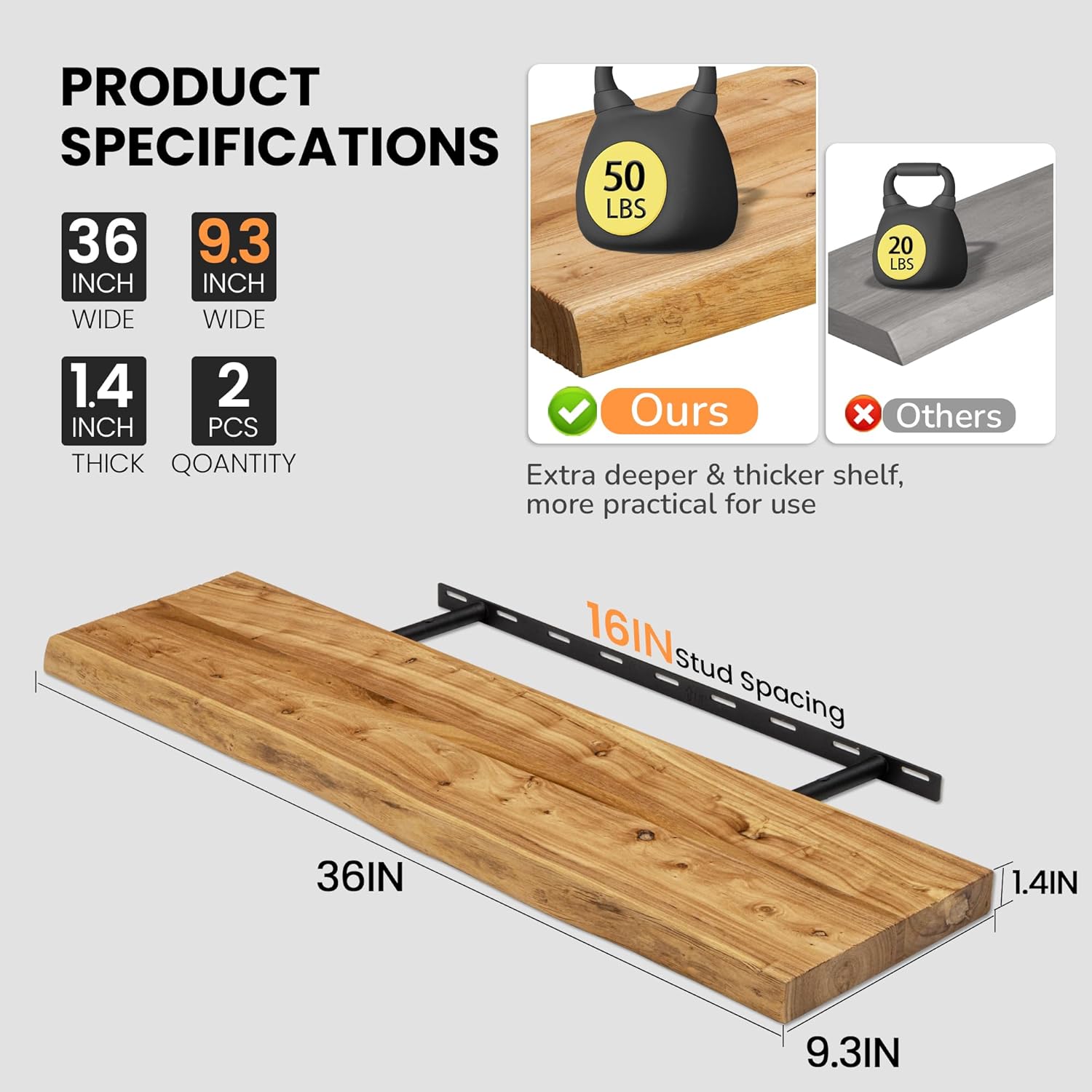 Floating Shelves for Wall, 36"x9.3" Rustic Solid Live-Edge Elm Wood Wall Shelves, Heavy-Duty Floating Shelves with Invisible Brackets, Set of 2 for Living Room, Bedroom, and Kitchen, Natural Finish