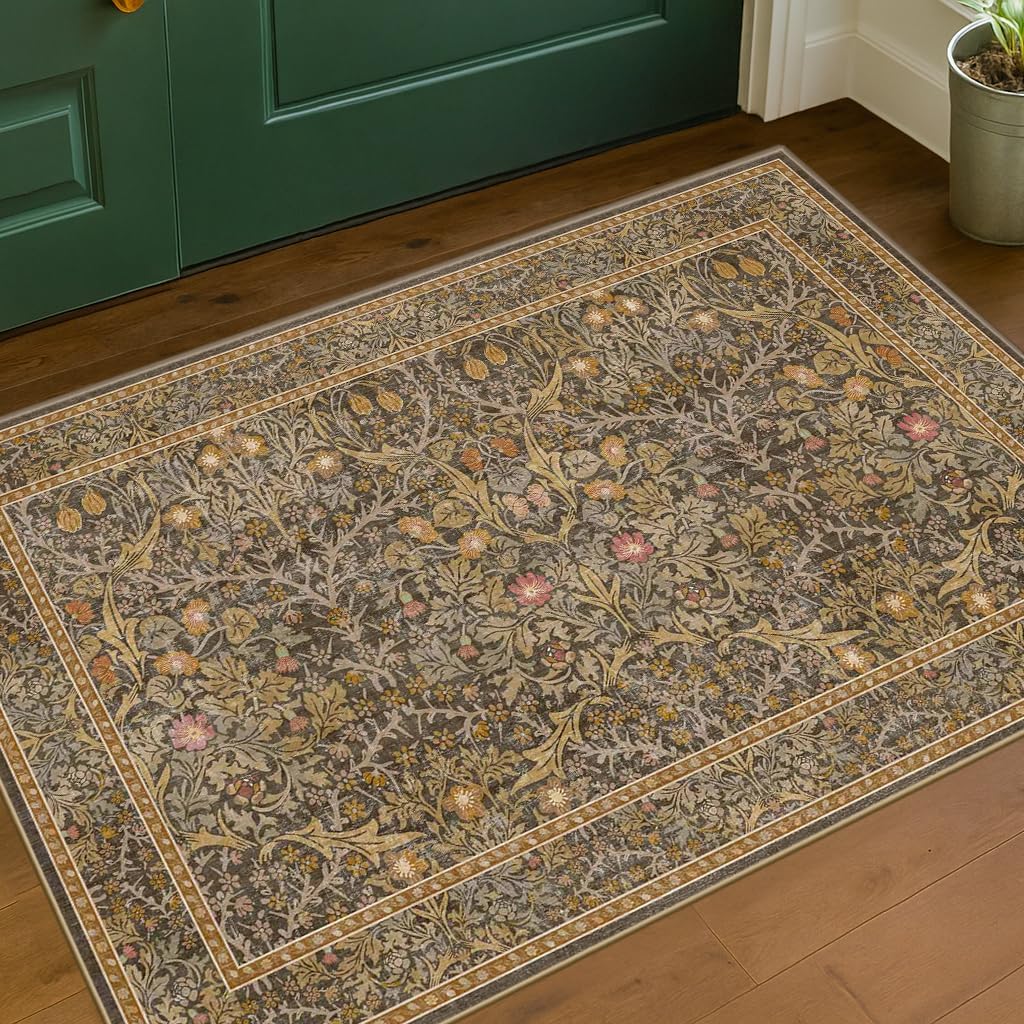 Vintage Dark Green Living Room Rug, 8x10 Washable Area Rugs for Dining Room Under Kitchen Table, Bedroom, Oriental Low Pile Stain Resistant Non-Slip Large Carpet (8x10 Dark Green)