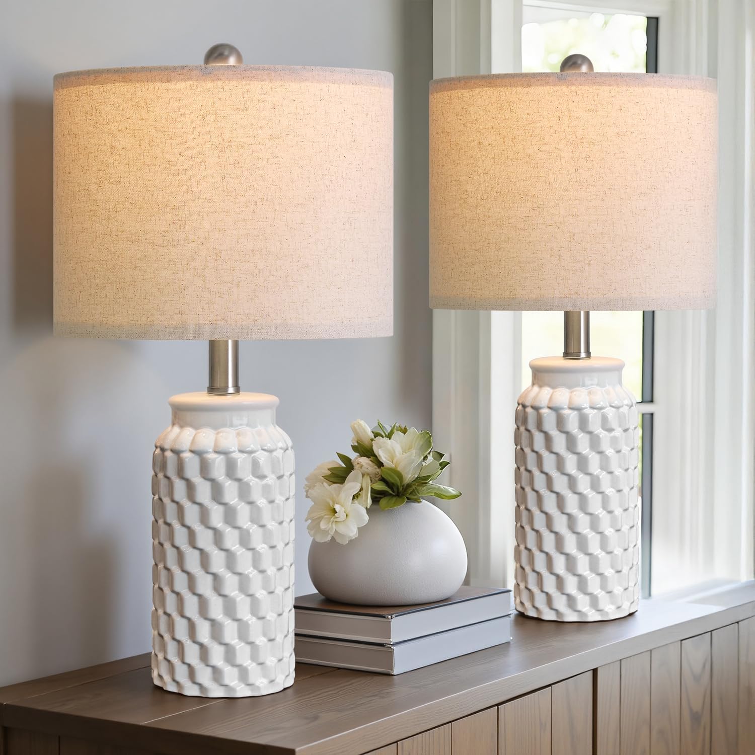 20.5" White Modern Ceramic Bedside Lamp Set of 2 for Bedroom Decor Farmhouse Table Lamp for Living Room Office Dorm