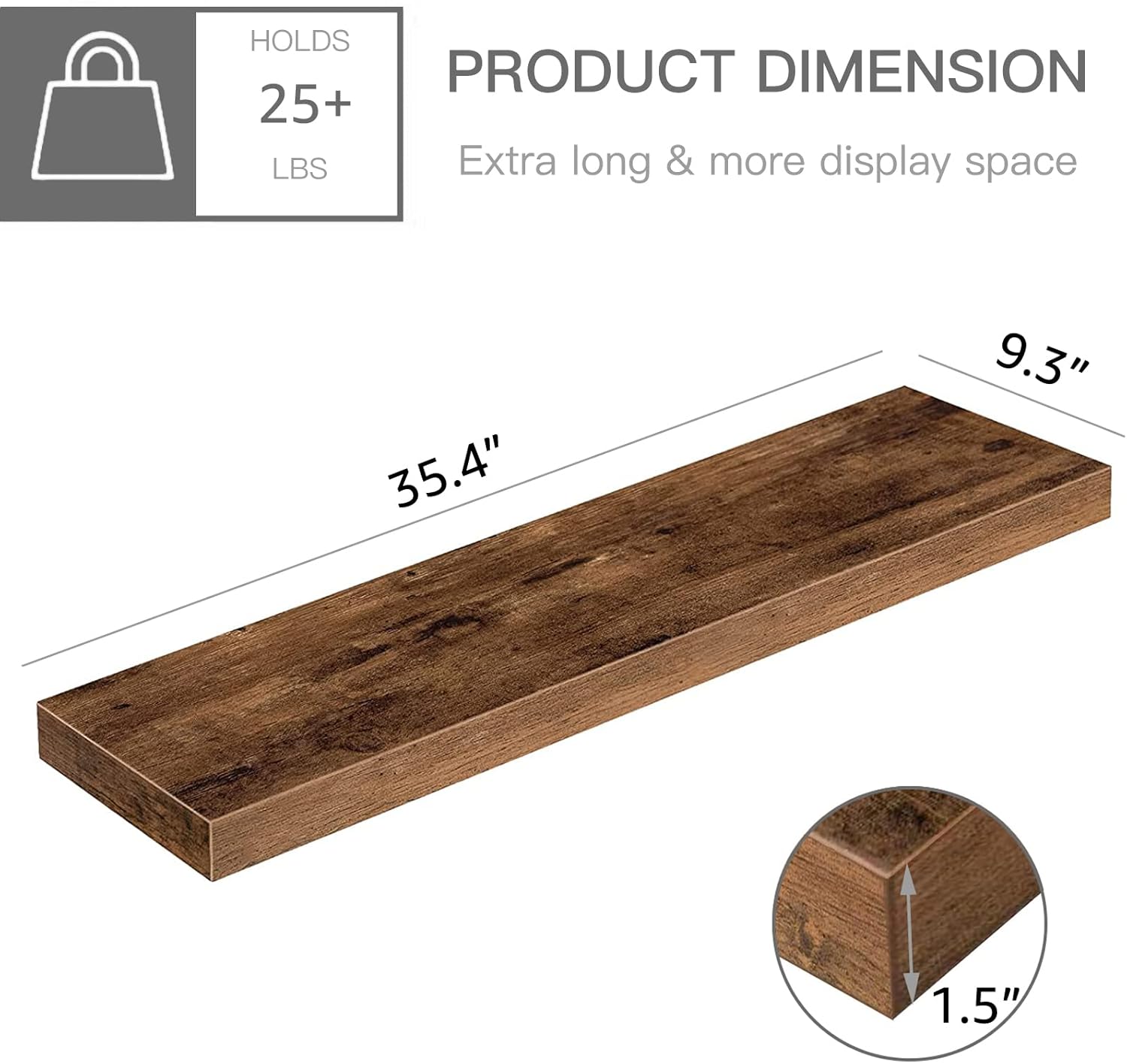 QEEIG Floating Shelves for Wall 35.4" Long - Wall Mounted Shelf Bathroom Kitchen Living Room Bedroom Farmhouse Home Decor Display Bookshelf Large 35.4 x 9.3 inch Set of 2, Rustic Brown (008-90BN)