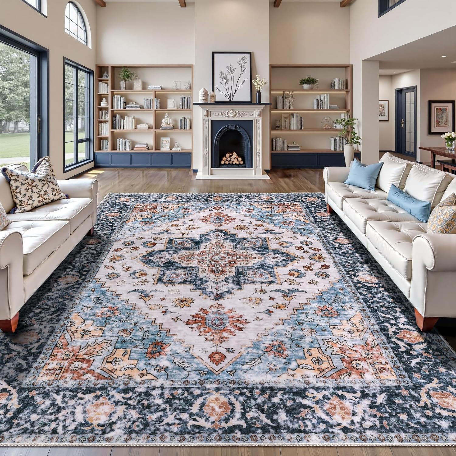 SERISSA Washable Rugs 8x10 Area Rugs, Large Non-Slip Boho Living Room Rust Rug, Ultra Soft Vintage Print Distressed Oriental Tribal Farmhouse Carpet for Dining Room Bedroom Dorm Office Home Decor