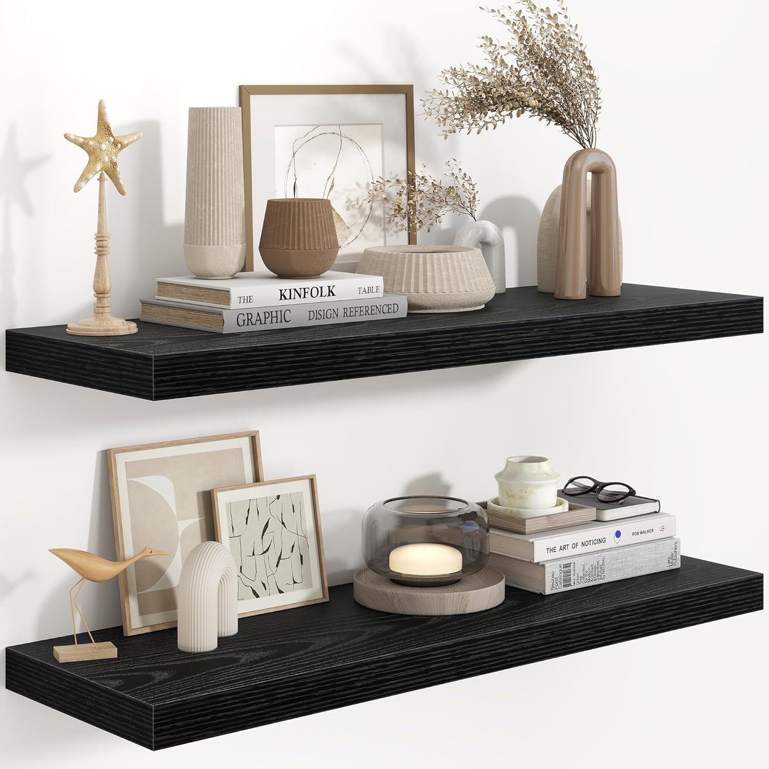 Fun Memories 36 Inch Long Floating Shelves for Wall, 9.3 Inch Deep Floating Shelf, 2 Packs Long Shelves for Bathroom, Living Room, Bedroom, Wall Mounted Storage Shelf for Books Decor, Rustic Brown