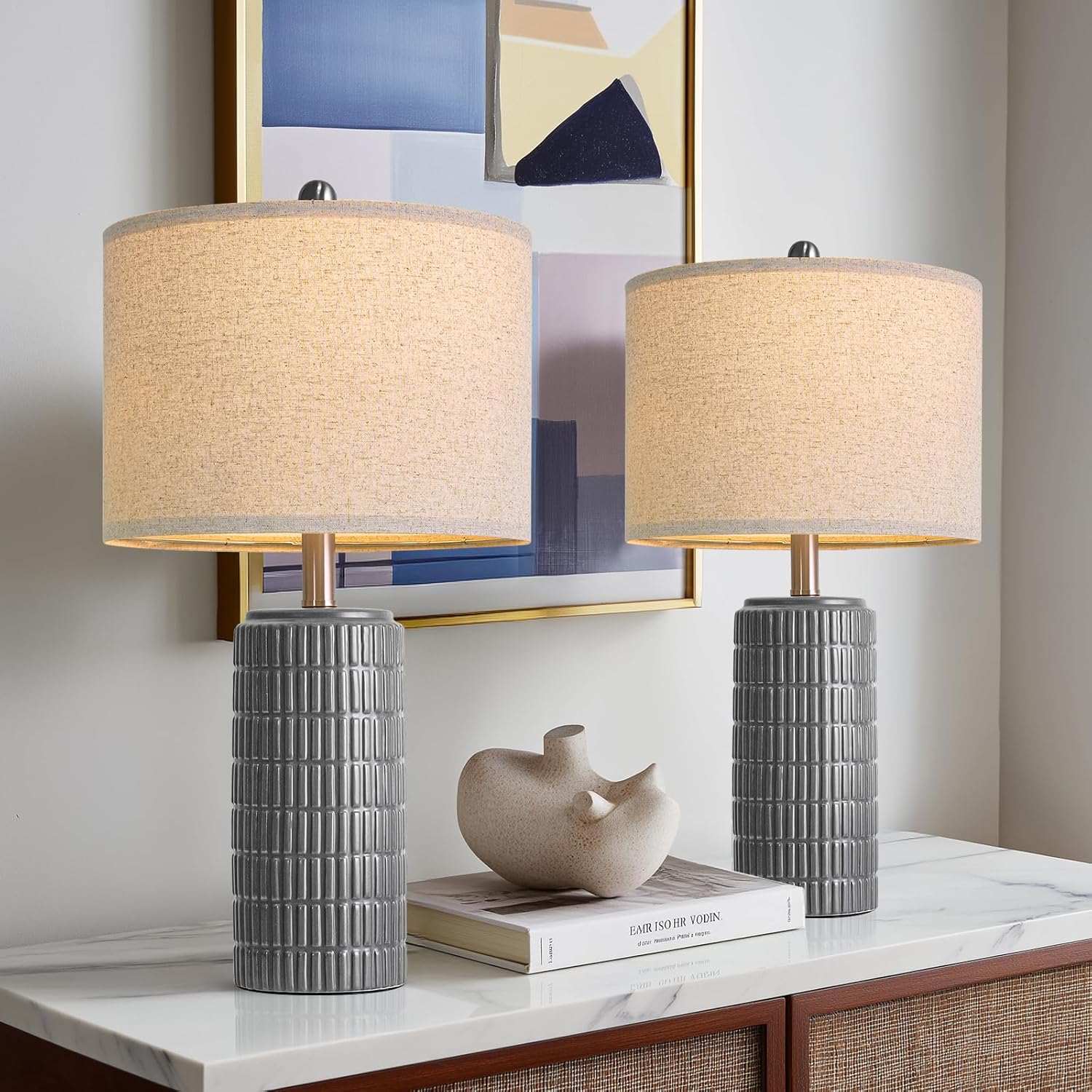 PoKat 23" Modern Ceramic Table Lamp Set of 2 for Living Room White Desk Lamps for Bedroom Farmhouse Bedside Nightstand Lamp House Warming Gifts New Home Decor End Table Lamps Gifts for Women Mom Beige