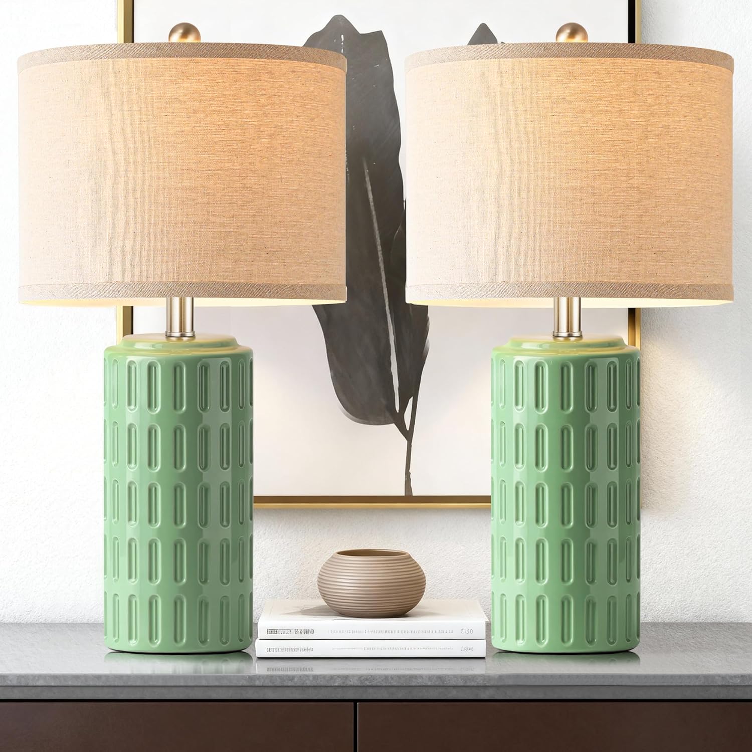 PARTPHONER 23" Modern Ceramic Table Lamp Set of 2, Table Lamps for Living Room, Rustic Farmhouse Bedside Lamps Nightstand lamp for Bedroom, White Desk Lamp for End Table Home Decor Beige