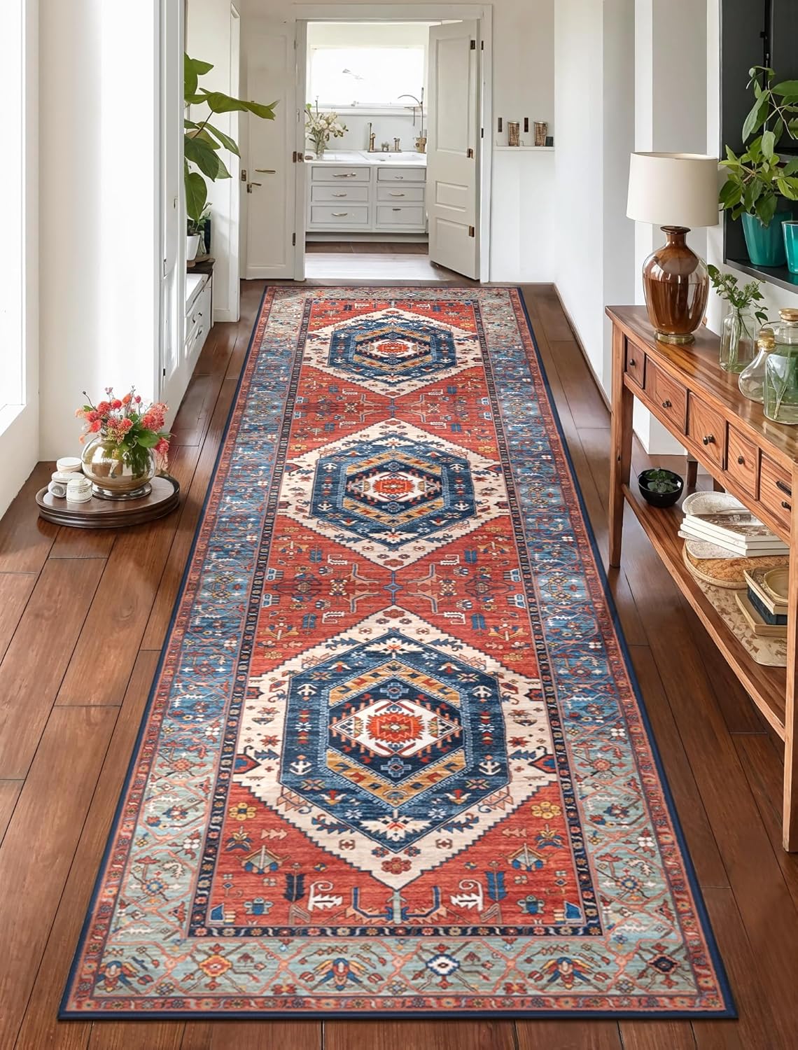 SERISSA Washable Rugs 8x10 Area Rugs, Large Non-Slip Boho Living Room Rust Rug, Ultra Soft Vintage Print Distressed Oriental Tribal Farmhouse Carpet for Dining Room Bedroom Dorm Office Home Decor