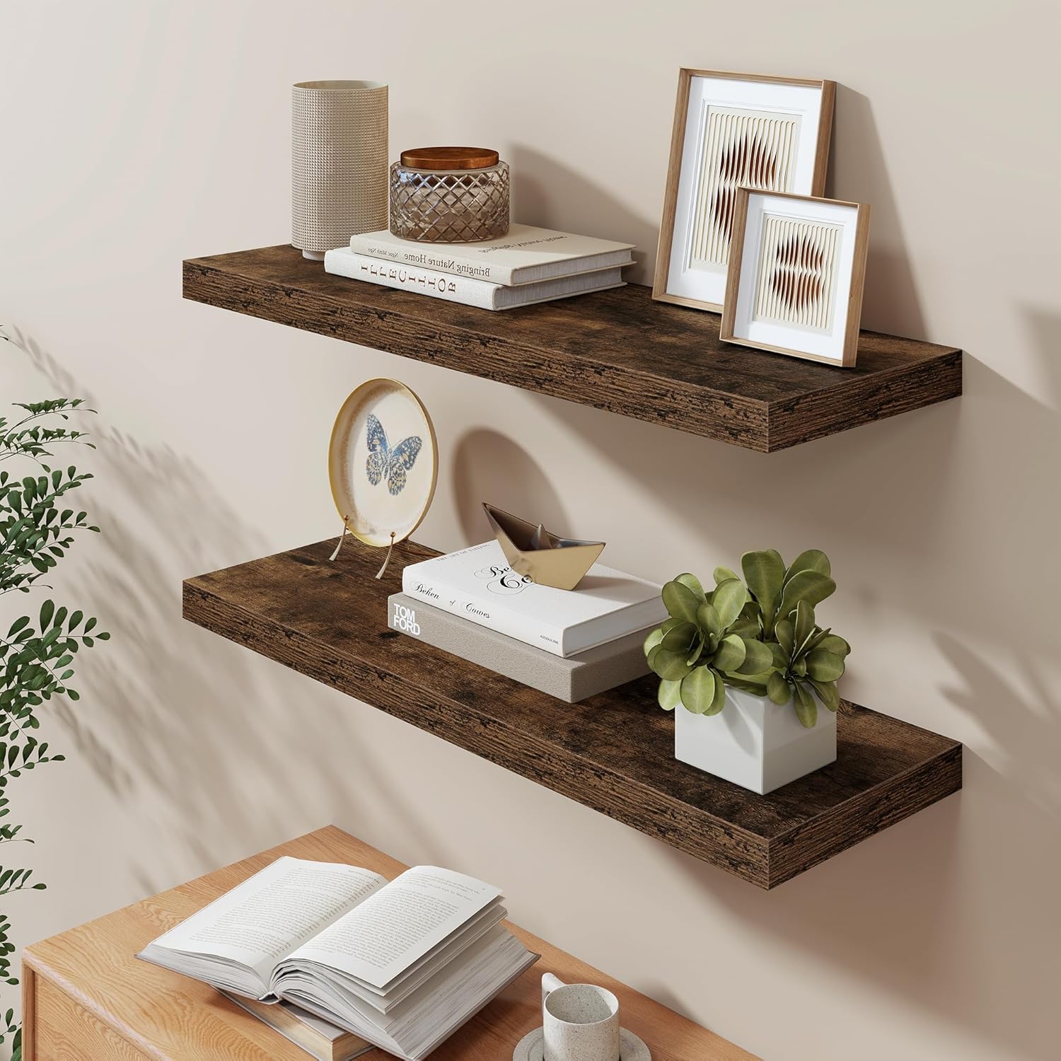 Fun Memories 36 Inch Long Floating Shelves for Wall, 9.3 Inch Deep Floating Shelf, 2 Packs Long Shelves for Bathroom, Living Room, Bedroom, Wall Mounted Storage Shelf for Books Decor, Rustic Brown