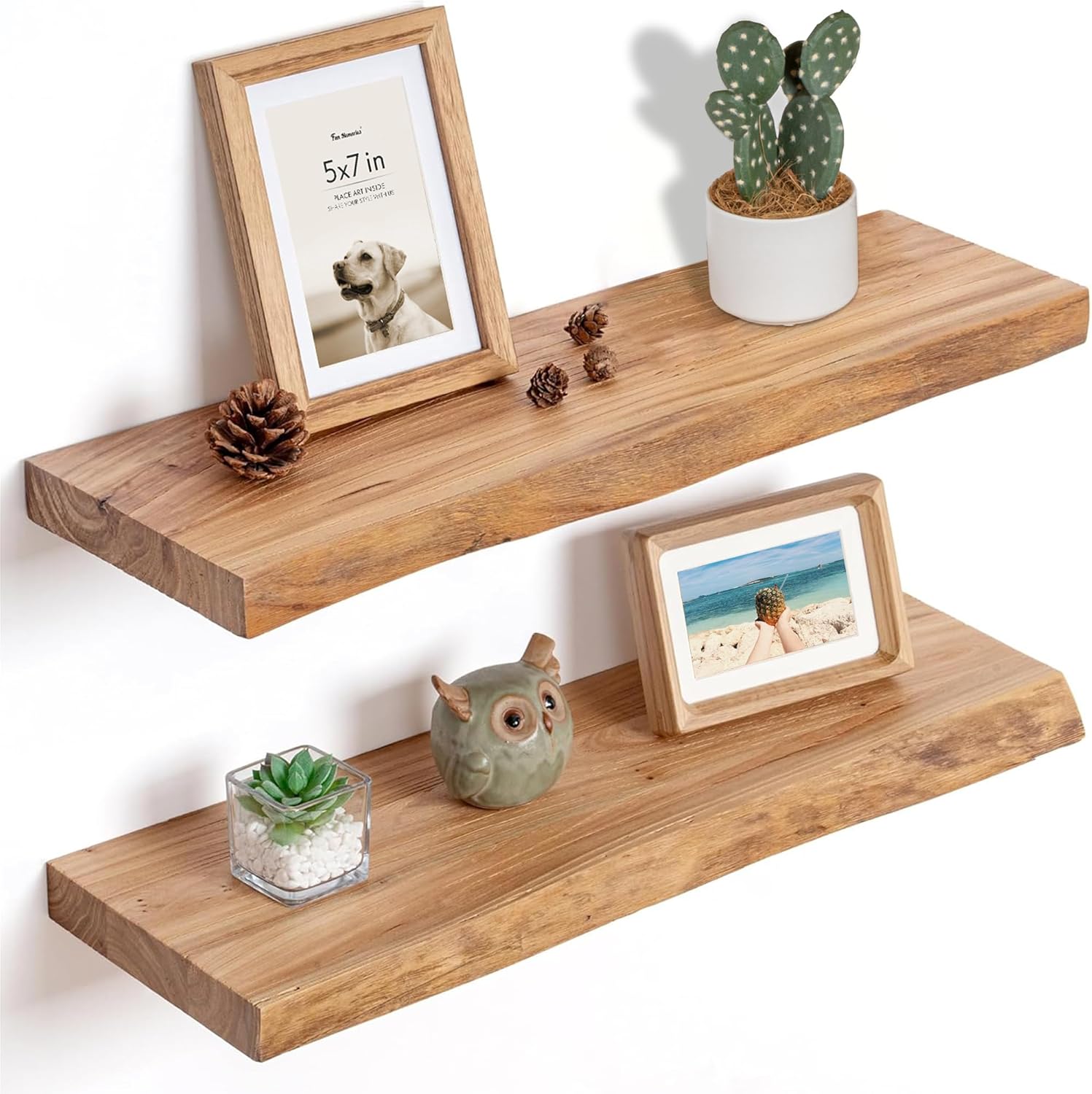 Floating Shelves for Wall, 36"x9.3" Rustic Solid Live-Edge Elm Wood Wall Shelves, Heavy-Duty Floating Shelves with Invisible Brackets, Set of 2 for Living Room, Bedroom, and Kitchen, Natural Finish