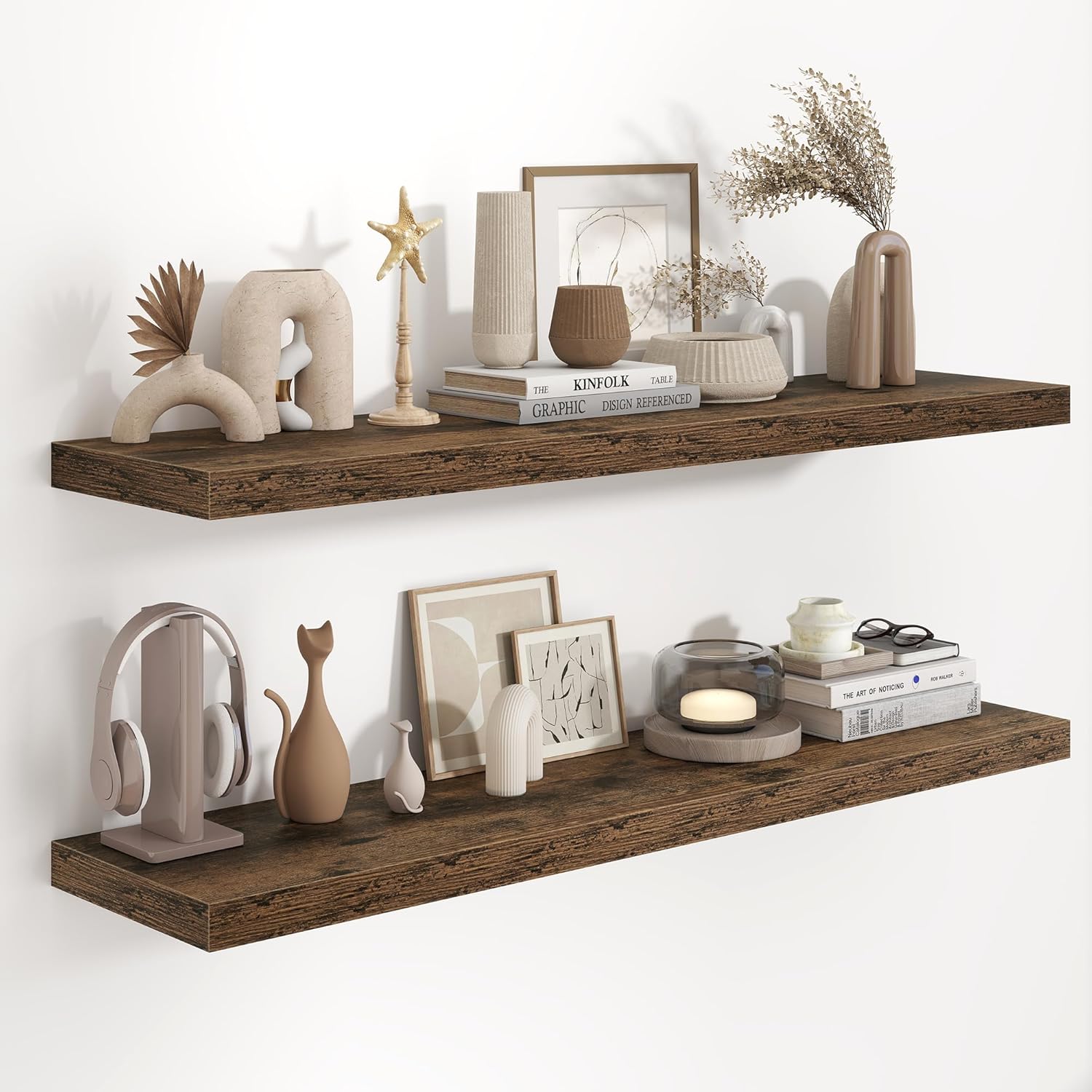 Fun Memories 36 Inch Long Floating Shelves for Wall, 9.3 Inch Deep Floating Shelf, 2 Packs Long Shelves for Bathroom, Living Room, Bedroom, Wall Mounted Storage Shelf for Books Decor, Rustic Brown