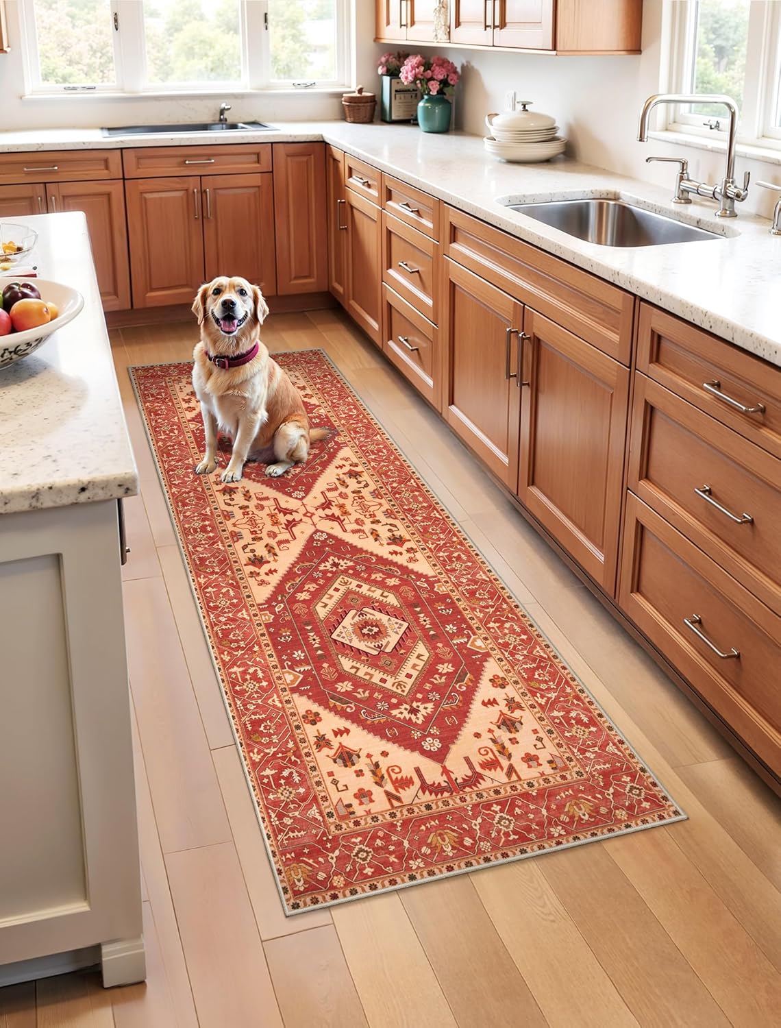 SERISSA Washable Rugs 8x10 Area Rugs, Large Non-Slip Boho Living Room Rust Rug, Ultra Soft Vintage Print Distressed Oriental Tribal Farmhouse Carpet for Dining Room Bedroom Dorm Office Home Decor