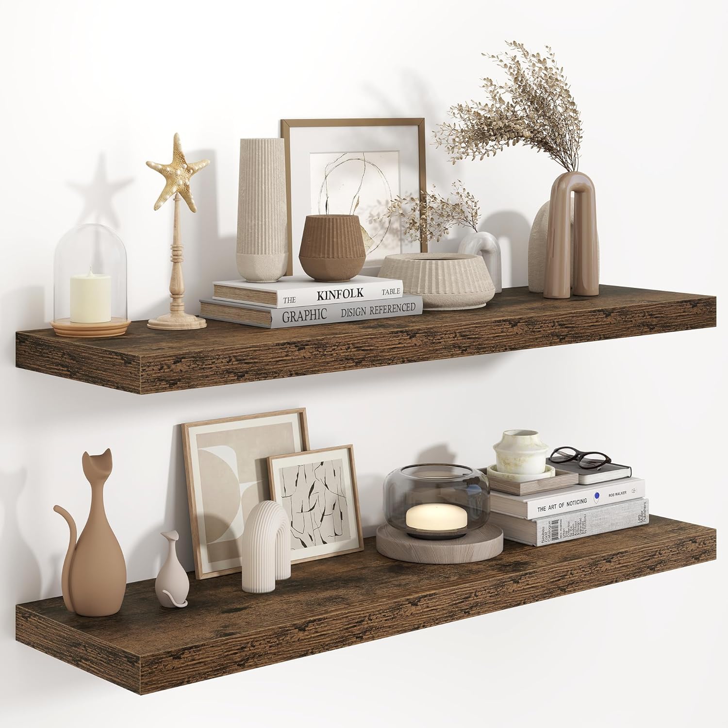 Fun Memories 36 Inch Long Floating Shelves for Wall, 9.3 Inch Deep Floating Shelf, 2 Packs Long Shelves for Bathroom, Living Room, Bedroom, Wall Mounted Storage Shelf for Books Decor, Rustic Brown