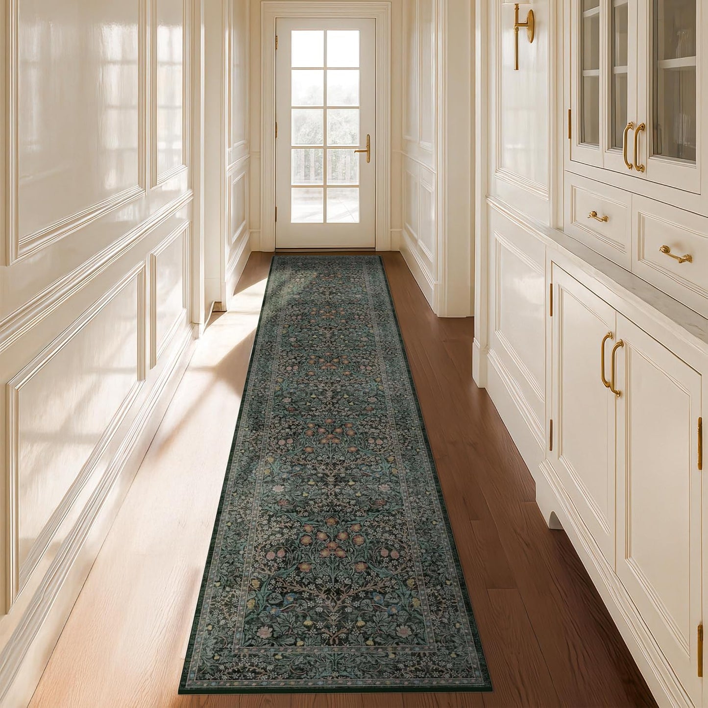 Vintage Dark Green Living Room Rug, 8x10 Washable Area Rugs for Dining Room Under Kitchen Table, Bedroom, Oriental Low Pile Stain Resistant Non-Slip Large Carpet (8x10 Dark Green)