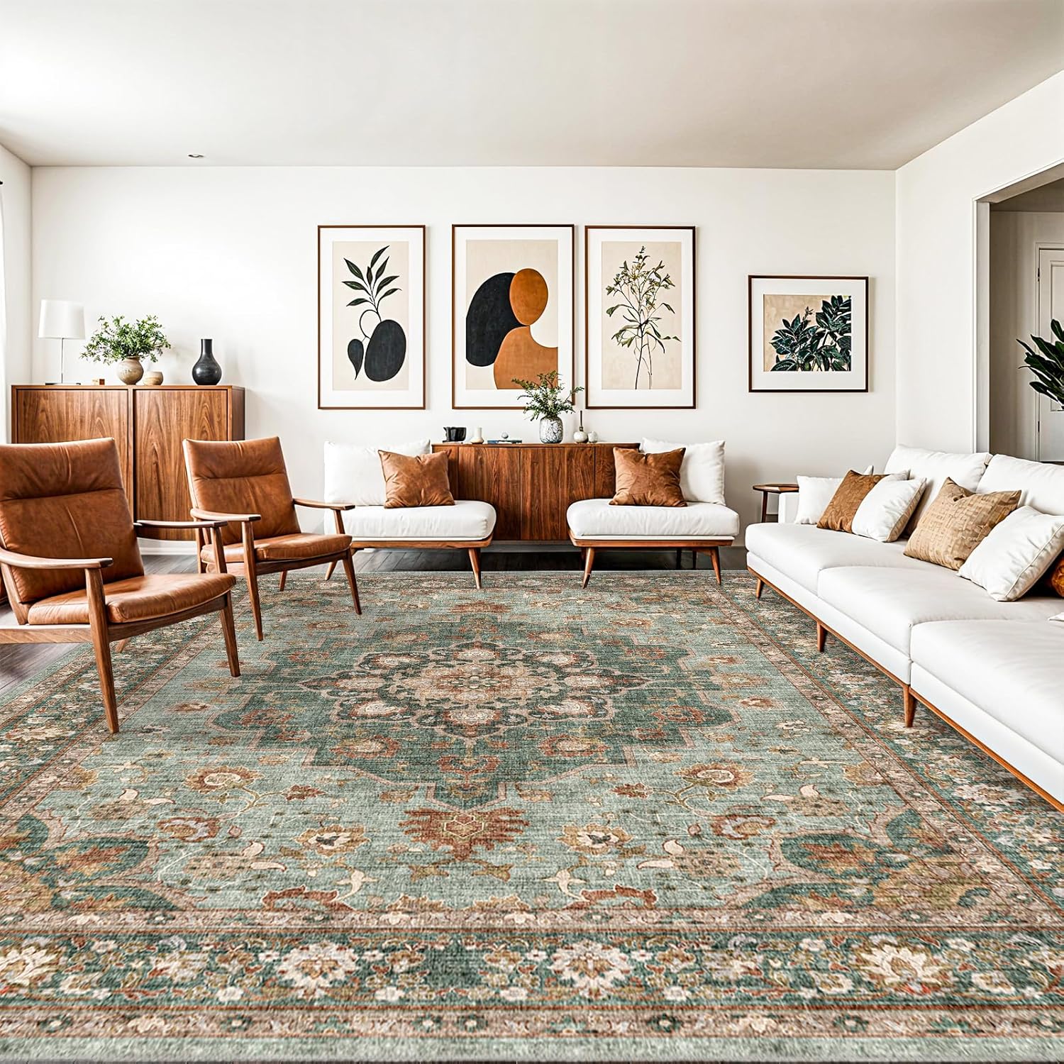 Washable Oriental Area Rug - 9x12 Rugs for Living Room Soft Carpet for Bedroom Waterproof Floral Distressed Indoor Stain Resistant Non-Shedding Floor Carpets (Green, 9x12)