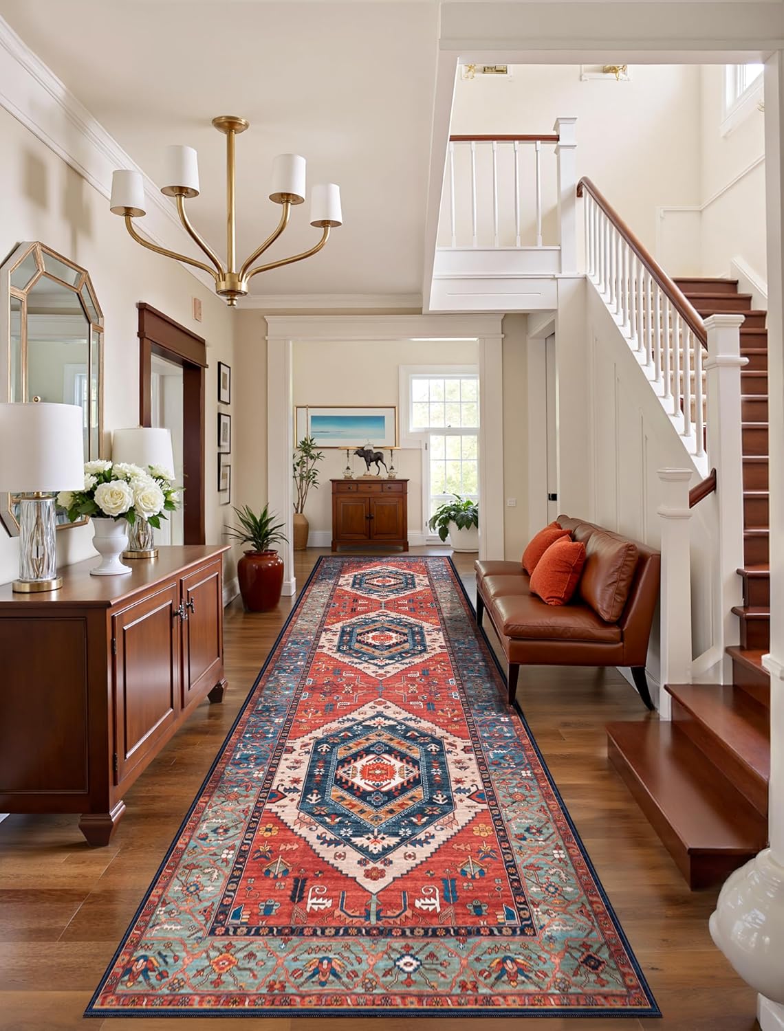 SERISSA Washable Rugs 8x10 Area Rugs, Large Non-Slip Boho Living Room Rust Rug, Ultra Soft Vintage Print Distressed Oriental Tribal Farmhouse Carpet for Dining Room Bedroom Dorm Office Home Decor