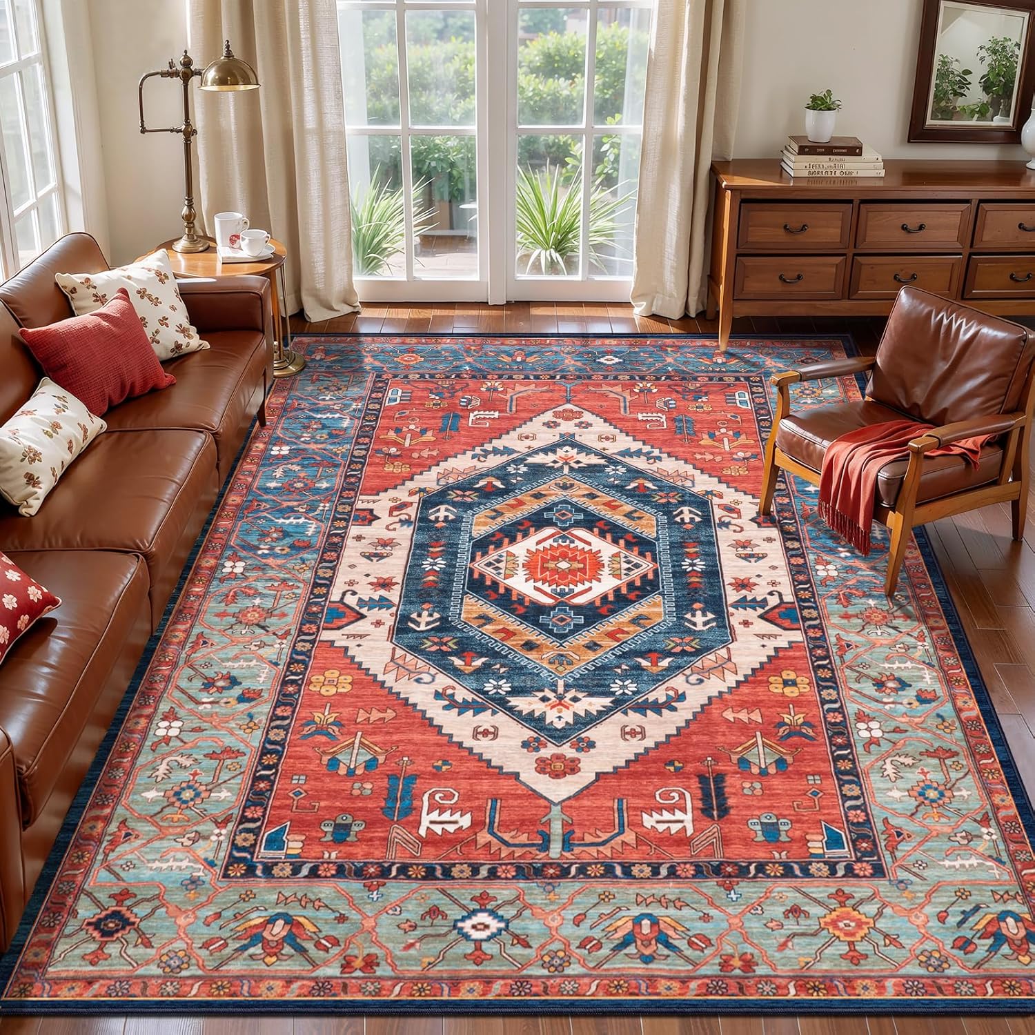 SERISSA Washable Rugs 8x10 Area Rugs, Large Non-Slip Boho Living Room Rust Rug, Ultra Soft Vintage Print Distressed Oriental Tribal Farmhouse Carpet for Dining Room Bedroom Dorm Office Home Decor