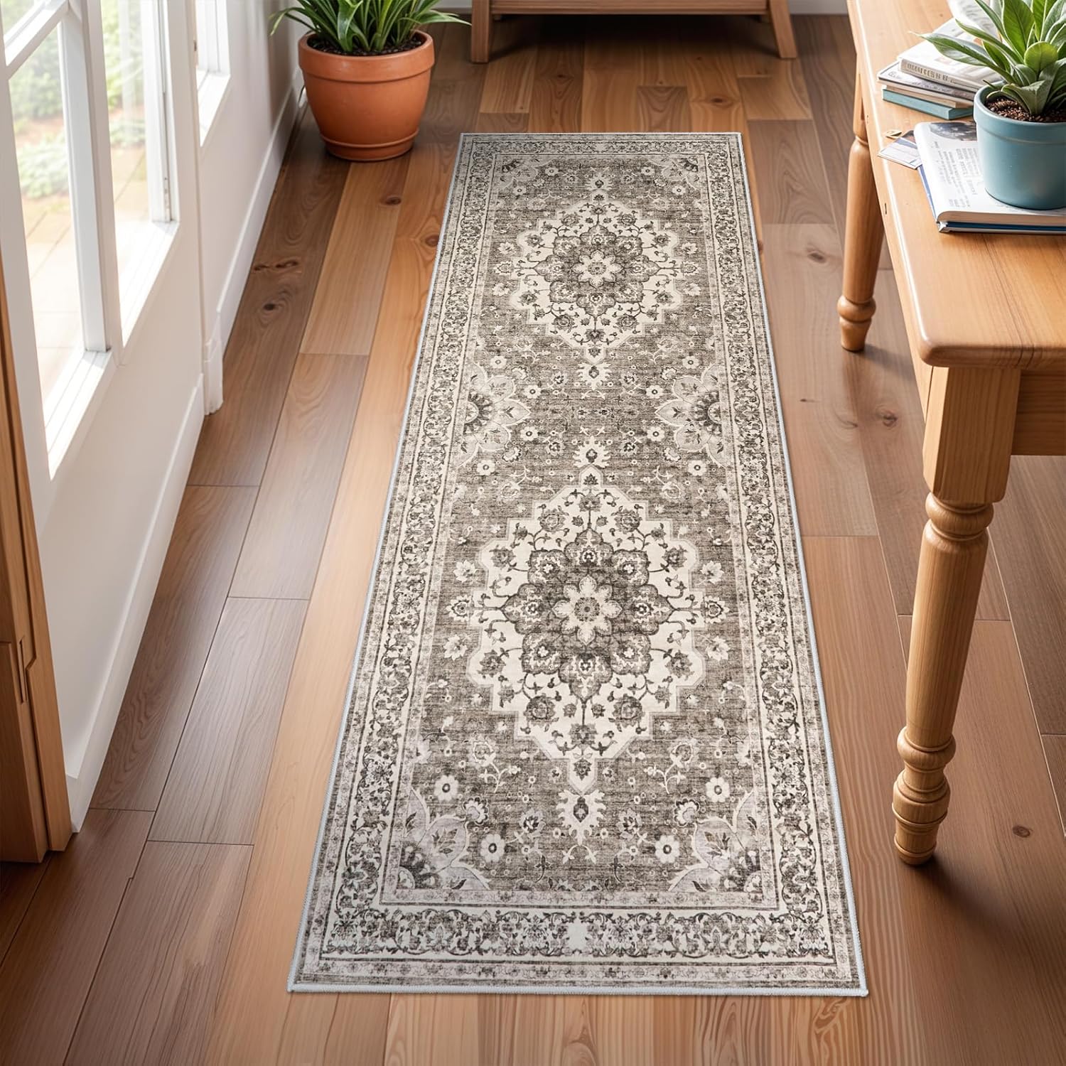 Washable Oriental Area Rug - 9x12 Rugs for Living Room Soft Carpet for Bedroom Waterproof Floral Distressed Indoor Stain Resistant Non-Shedding Floor Carpets (Green, 9x12)