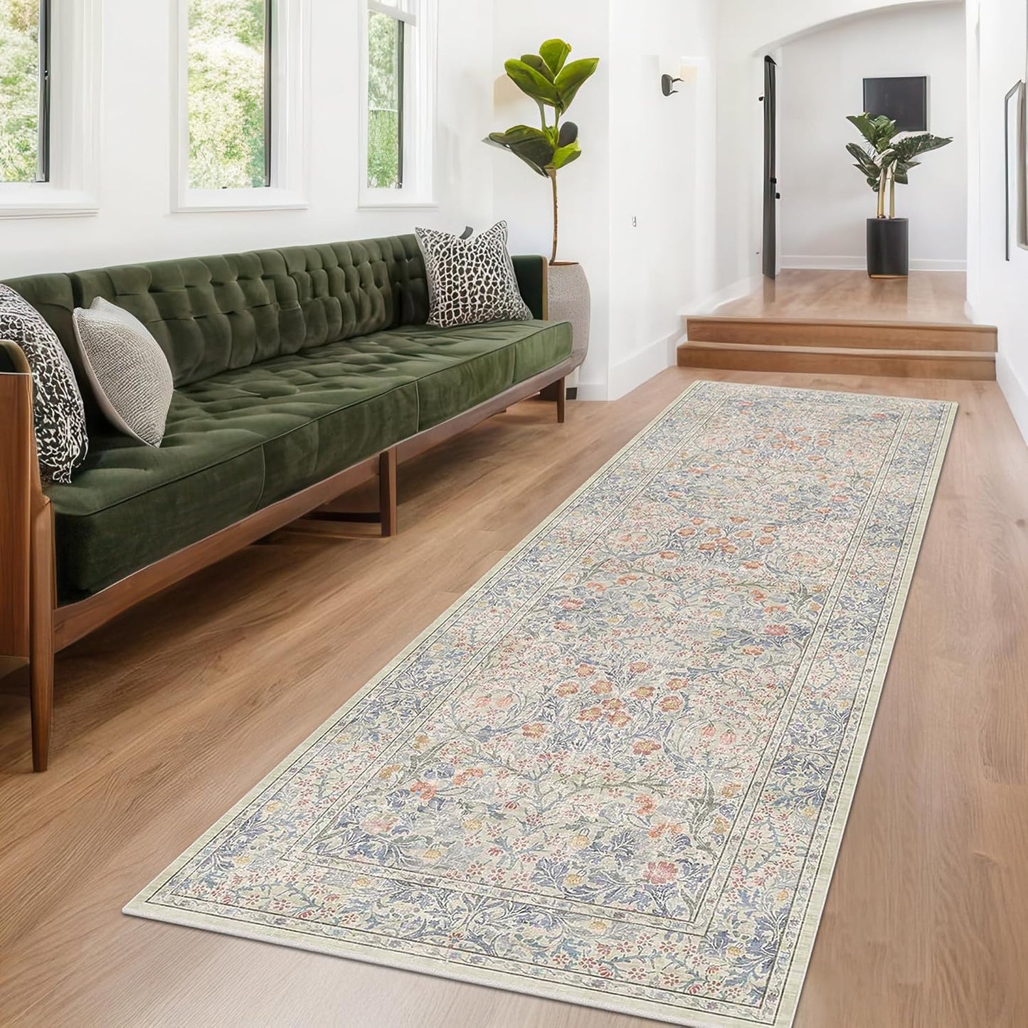 Vintage Dark Green Living Room Rug, 8x10 Washable Area Rugs for Dining Room Under Kitchen Table, Bedroom, Oriental Low Pile Stain Resistant Non-Slip Large Carpet (8x10 Dark Green)