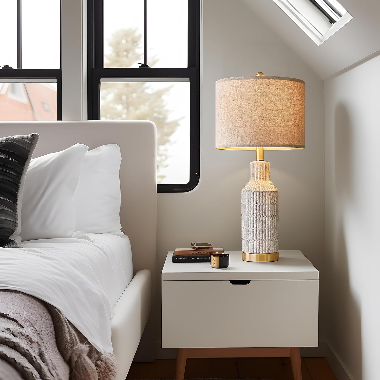 25" Table Lamps Set of 2 - Modern Bedside Lamps for Living Room - White Washed Ceramic Nightstand Lamps for Bedroom