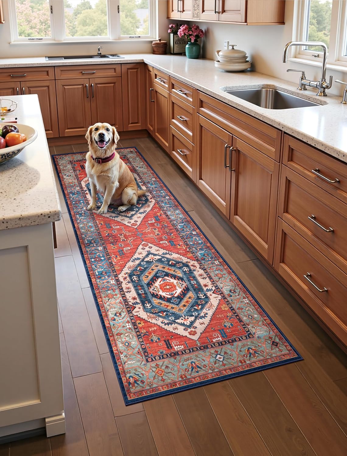 SERISSA Washable Rugs 8x10 Area Rugs, Large Non-Slip Boho Living Room Rust Rug, Ultra Soft Vintage Print Distressed Oriental Tribal Farmhouse Carpet for Dining Room Bedroom Dorm Office Home Decor