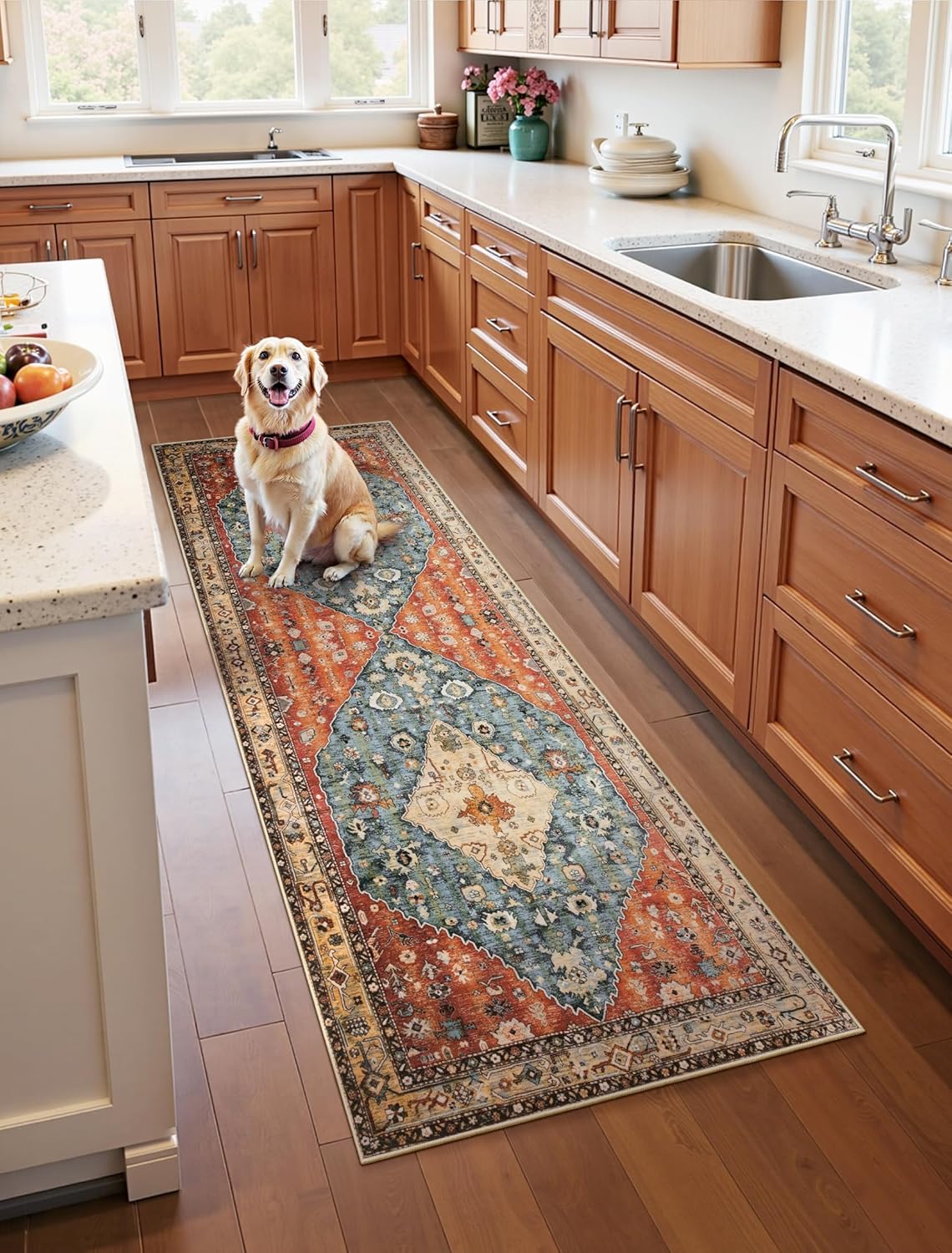 SERISSA Washable Rugs 8x10 Area Rugs, Large Non-Slip Boho Living Room Rust Rug, Ultra Soft Vintage Print Distressed Oriental Tribal Farmhouse Carpet for Dining Room Bedroom Dorm Office Home Decor