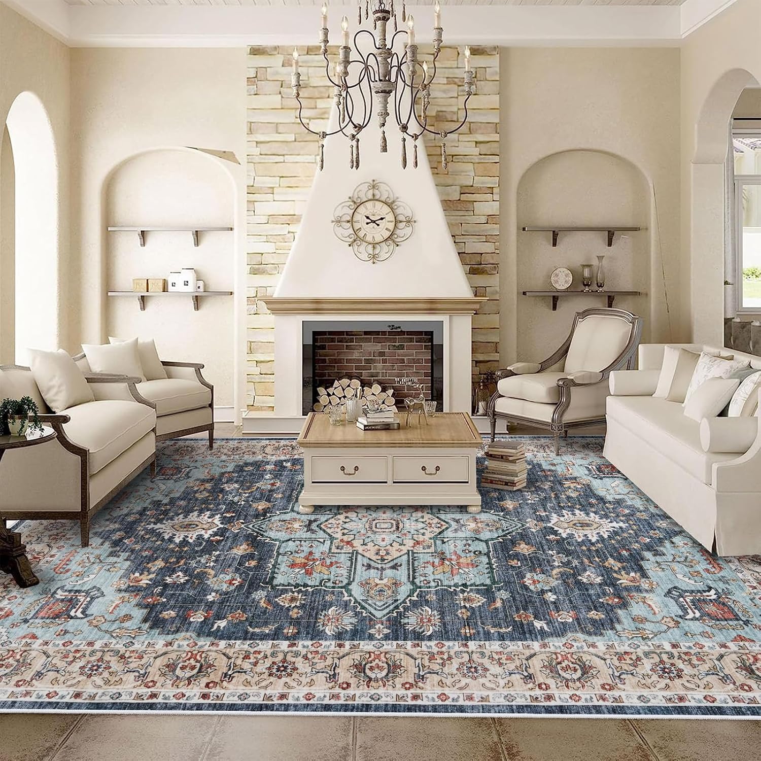 Washable Oriental Area Rug - 9x12 Rugs for Living Room Soft Carpet for Bedroom Waterproof Floral Distressed Indoor Stain Resistant Non-Shedding Floor Carpets (Green, 9x12)