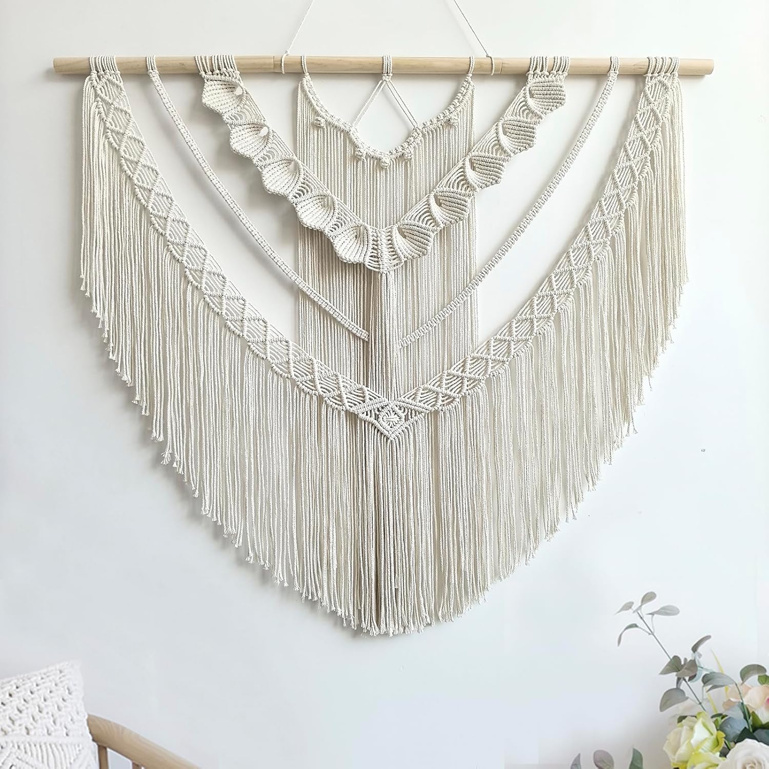 Achart Macrame Wall Hanging Large- Boho Wall Decor- large wall art- Wall Decor Living Room- Macrame Tapestry Boho Decor for Bedroom (Beige-Fringe)
