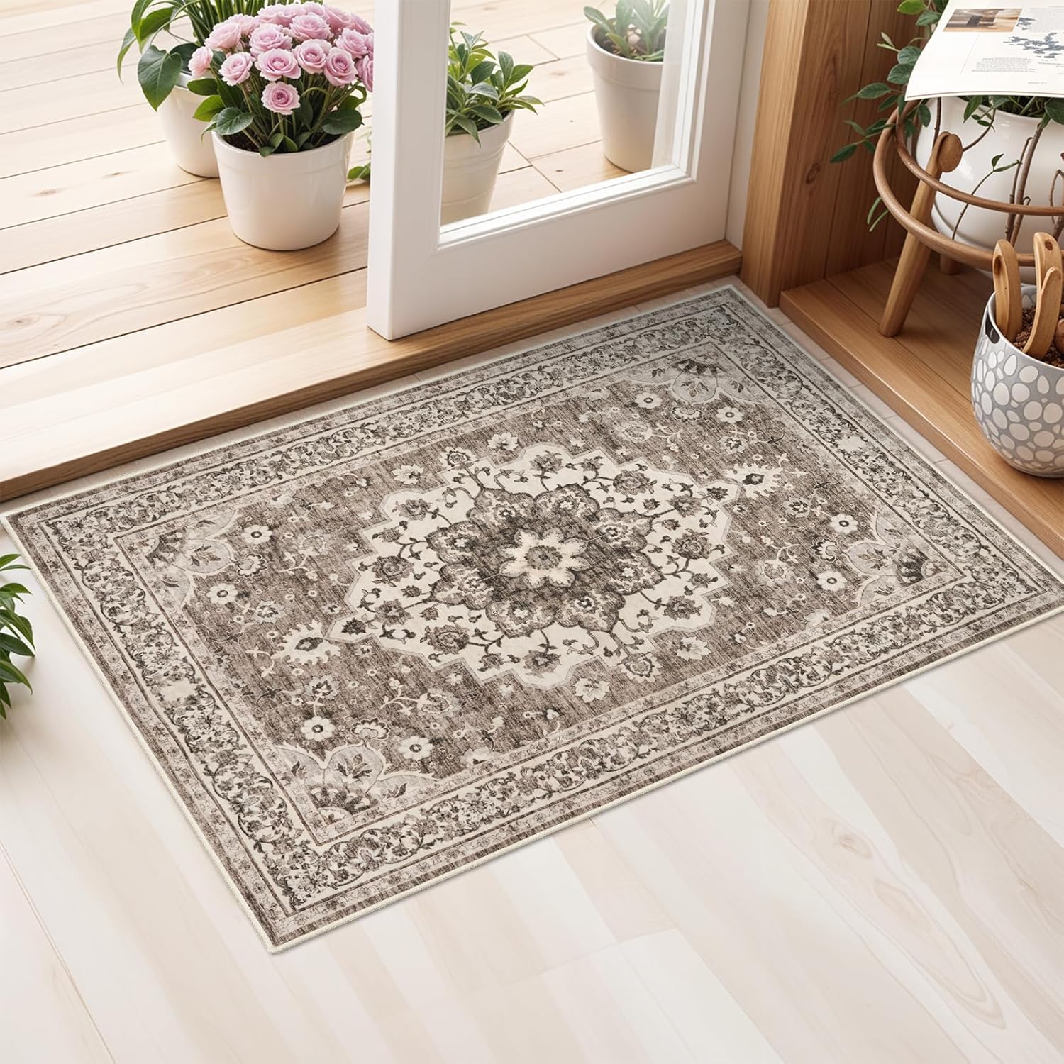 Washable Oriental Area Rug - 9x12 Rugs for Living Room Soft Carpet for Bedroom Waterproof Floral Distressed Indoor Stain Resistant Non-Shedding Floor Carpets (Green, 9x12)