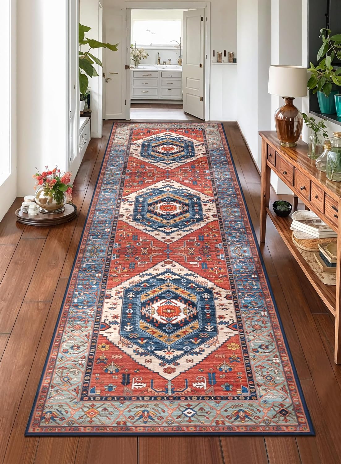 SERISSA Washable Rugs 8x10 Area Rugs, Large Non-Slip Boho Living Room Rust Rug, Ultra Soft Vintage Print Distressed Oriental Tribal Farmhouse Carpet for Dining Room Bedroom Dorm Office Home Decor