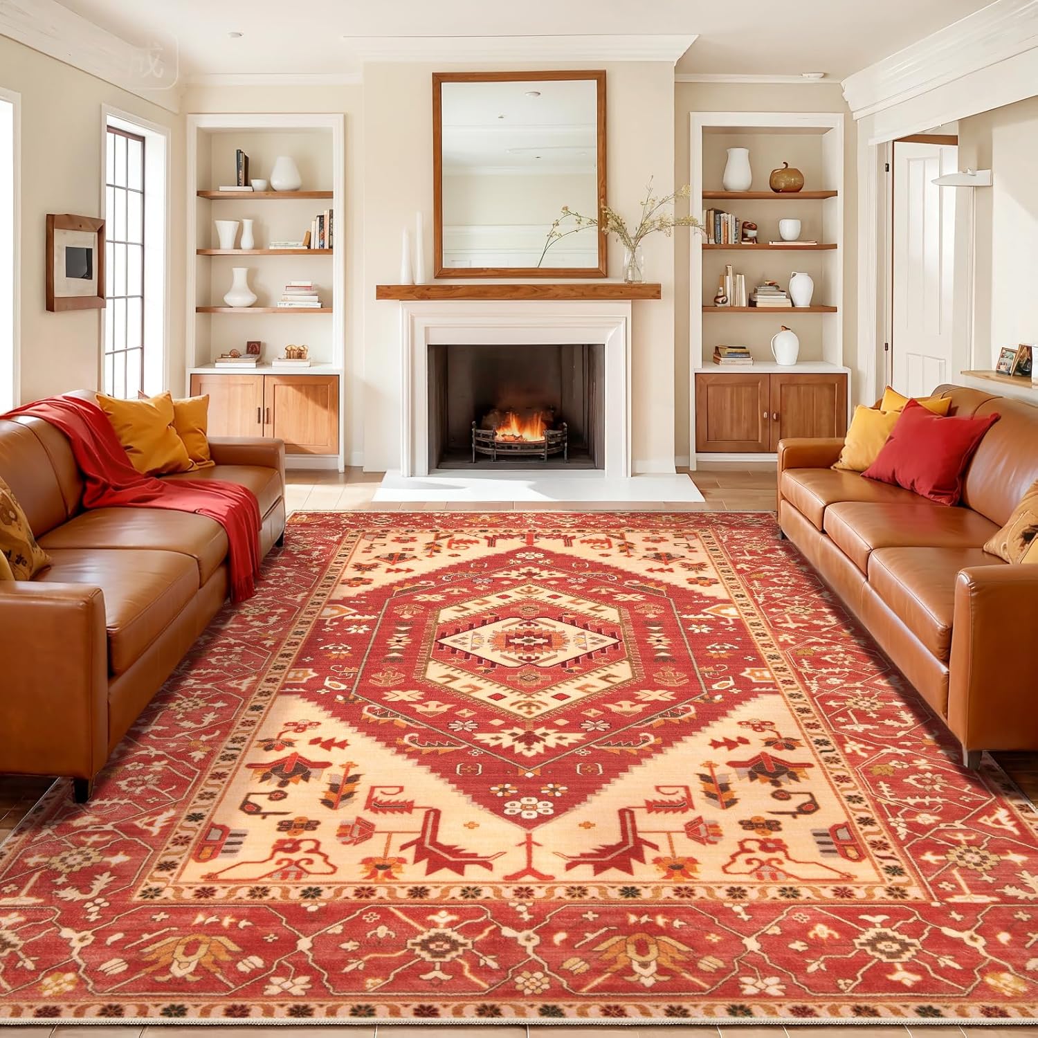 SERISSA Washable Rugs 8x10 Area Rugs, Large Non-Slip Boho Living Room Rust Rug, Ultra Soft Vintage Print Distressed Oriental Tribal Farmhouse Carpet for Dining Room Bedroom Dorm Office Home Decor