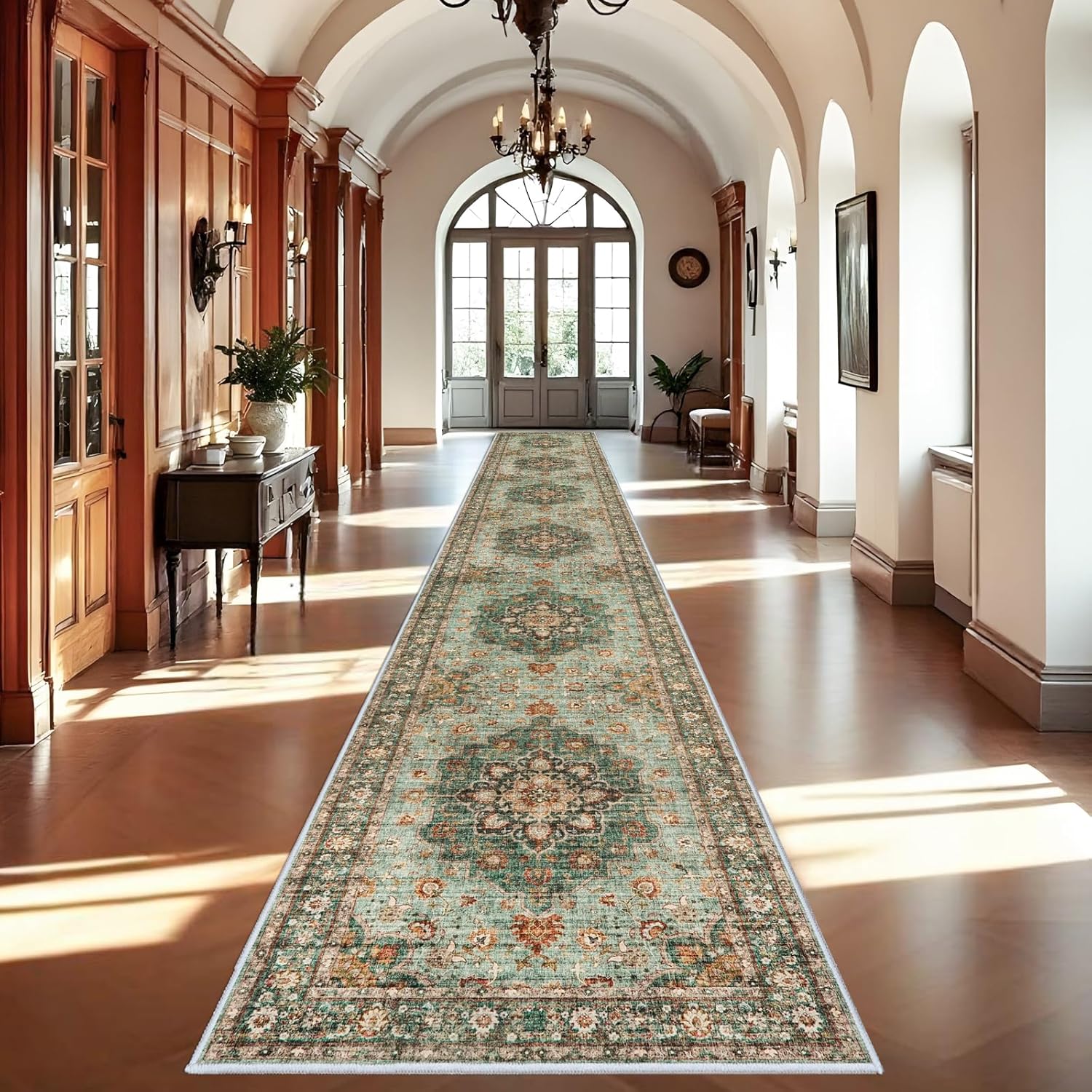 Washable Oriental Area Rug - 9x12 Rugs for Living Room Soft Carpet for Bedroom Waterproof Floral Distressed Indoor Stain Resistant Non-Shedding Floor Carpets (Green, 9x12)