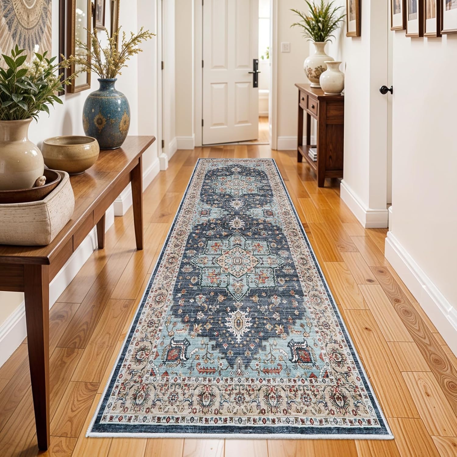 Washable Oriental Area Rug - 9x12 Rugs for Living Room Soft Carpet for Bedroom Waterproof Floral Distressed Indoor Stain Resistant Non-Shedding Floor Carpets (Green, 9x12)