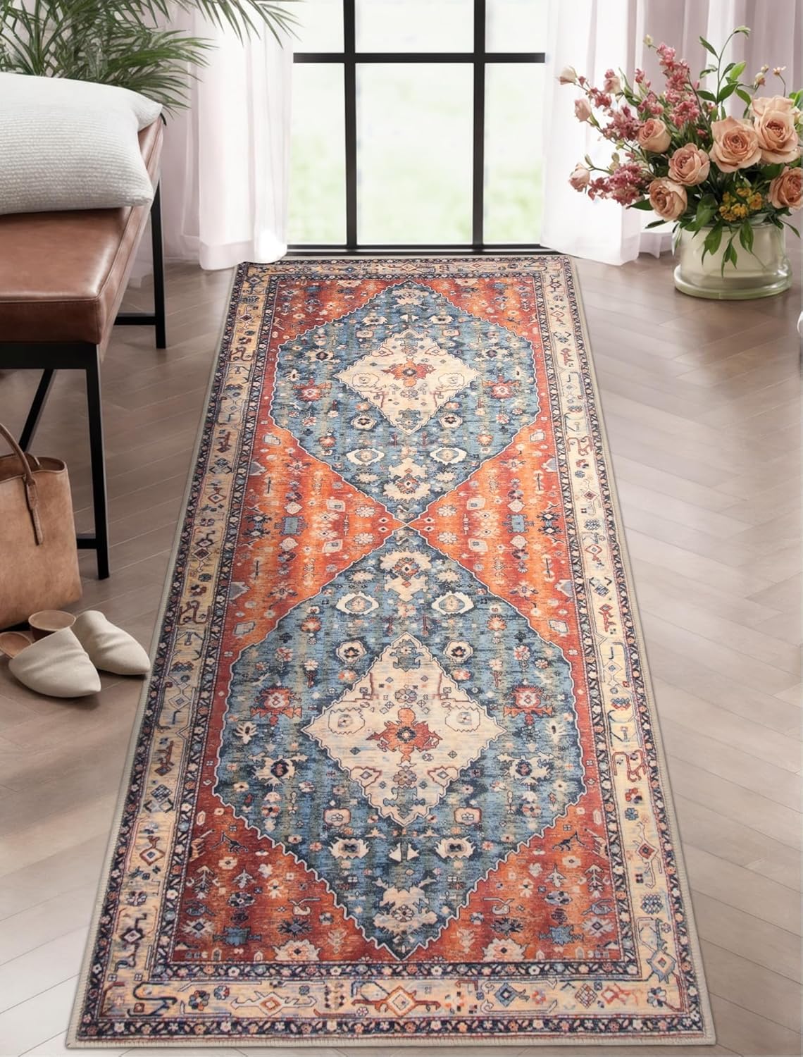 SERISSA Washable Rugs 8x10 Area Rugs, Large Non-Slip Boho Living Room Rust Rug, Ultra Soft Vintage Print Distressed Oriental Tribal Farmhouse Carpet for Dining Room Bedroom Dorm Office Home Decor