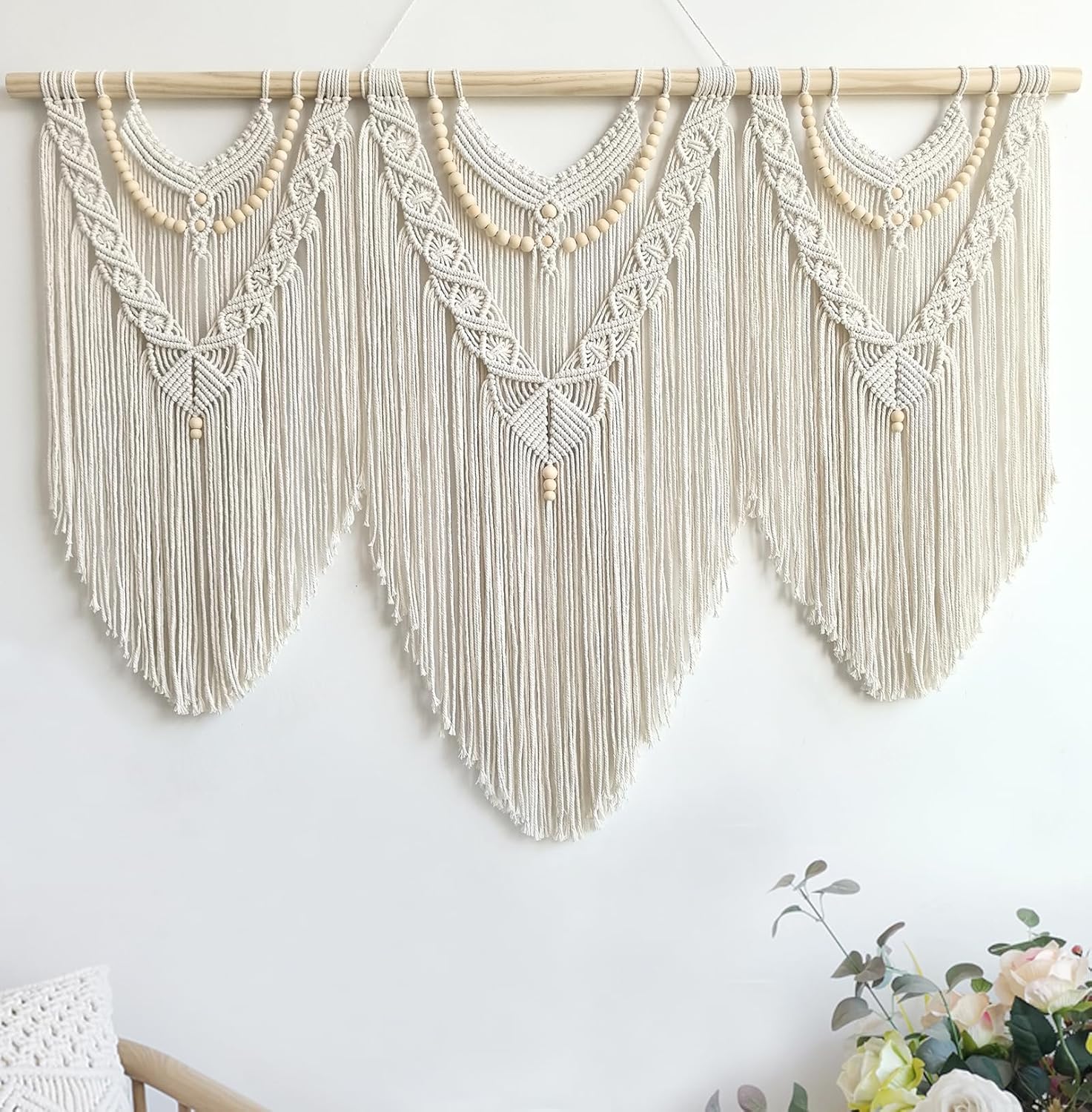 Achart Macrame Wall Hanging Large- Boho Wall Decor- large wall art- Wall Decor Living Room- Macrame Tapestry Boho Decor for Bedroom (Wooden Bead)