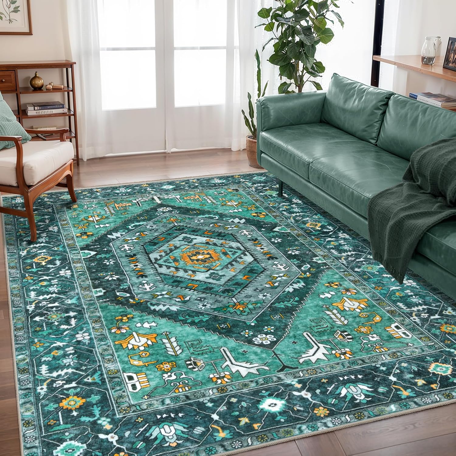 SERISSA Washable Rugs 8x10 Area Rugs, Large Non-Slip Boho Living Room Rust Rug, Ultra Soft Vintage Print Distressed Oriental Tribal Farmhouse Carpet for Dining Room Bedroom Dorm Office Home Decor