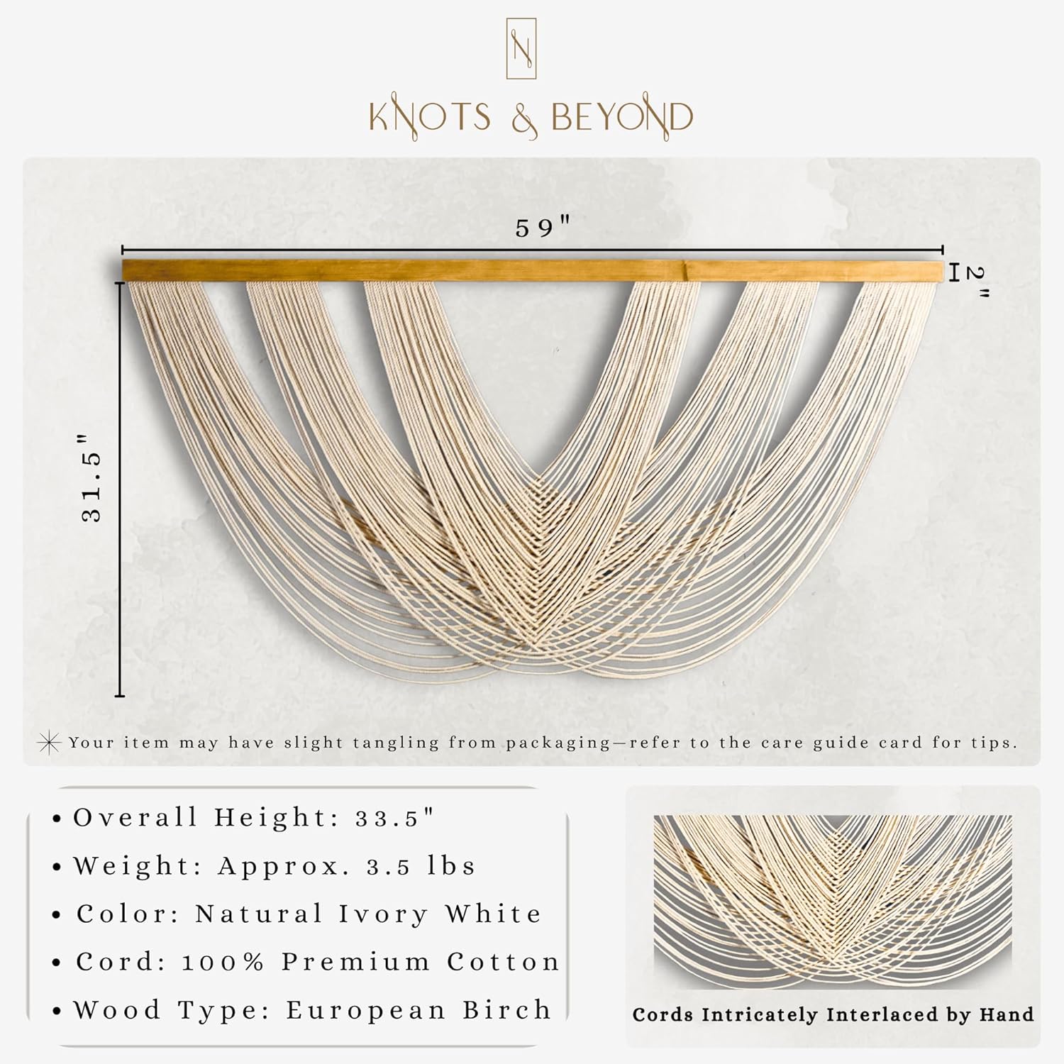 Knots & Beyond Extra Large Macrame Wall Hanging 59" x 33" – Premium Boho Tapestry for Above Bed or Couch, Handmade Yarn Wall Art, Modern Boho Wall Decor for Office, Bedroom, or Living Room, Neutral Fiber Textile Accent