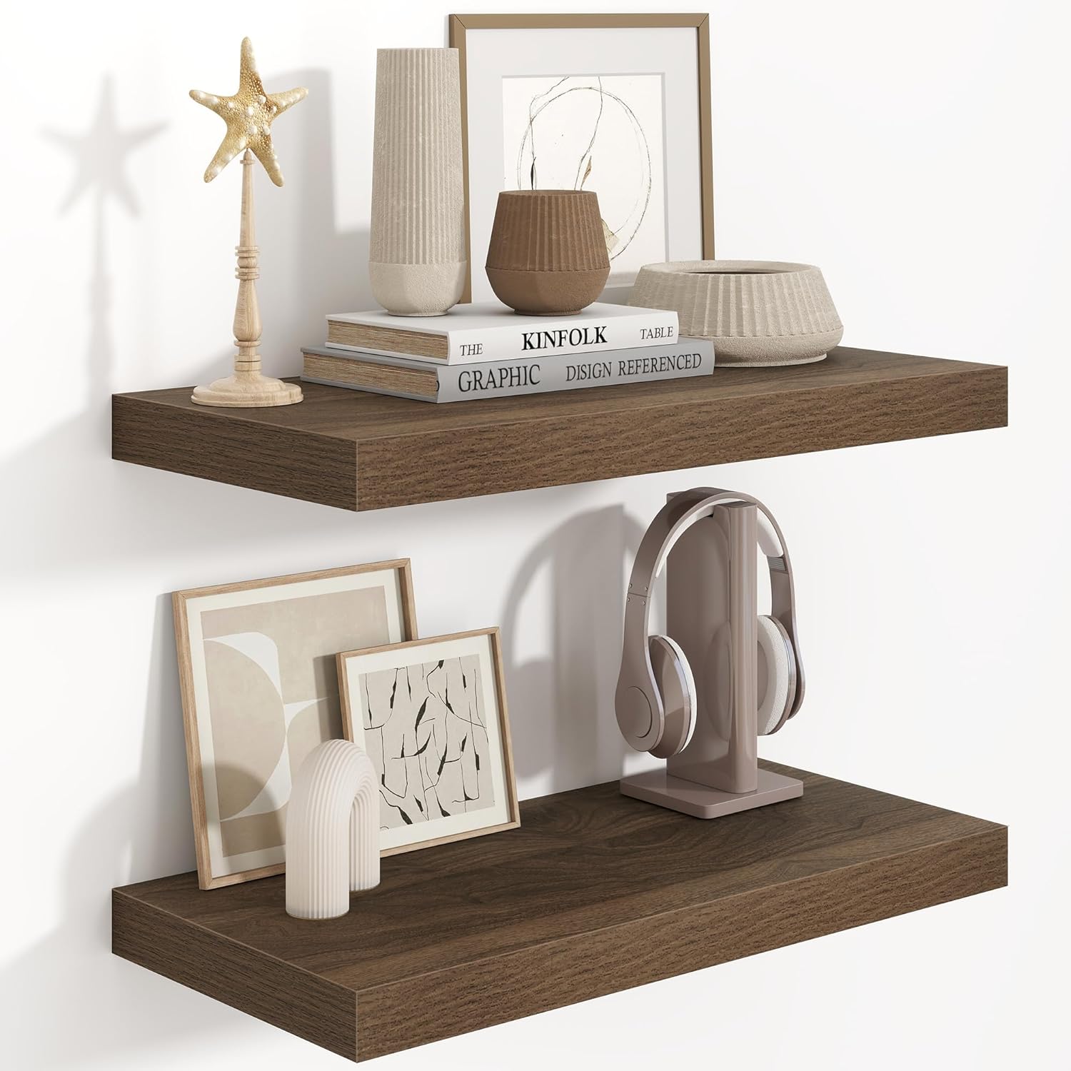 Fun Memories 36 Inch Long Floating Shelves for Wall, 9.3 Inch Deep Floating Shelf, 2 Packs Long Shelves for Bathroom, Living Room, Bedroom, Wall Mounted Storage Shelf for Books Decor, Rustic Brown