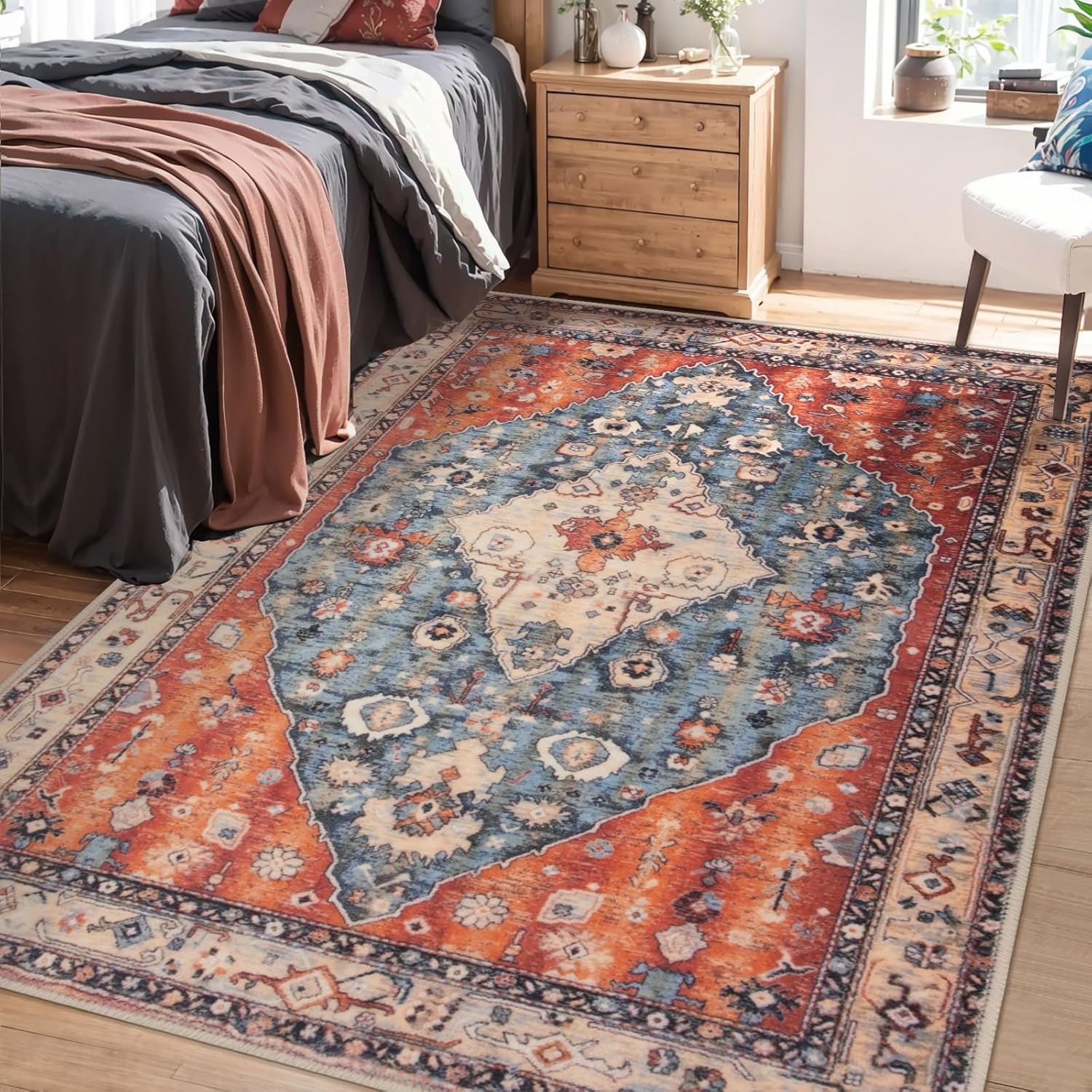 SERISSA Washable Rugs 8x10 Area Rugs, Large Non-Slip Boho Living Room Rust Rug, Ultra Soft Vintage Print Distressed Oriental Tribal Farmhouse Carpet for Dining Room Bedroom Dorm Office Home Decor