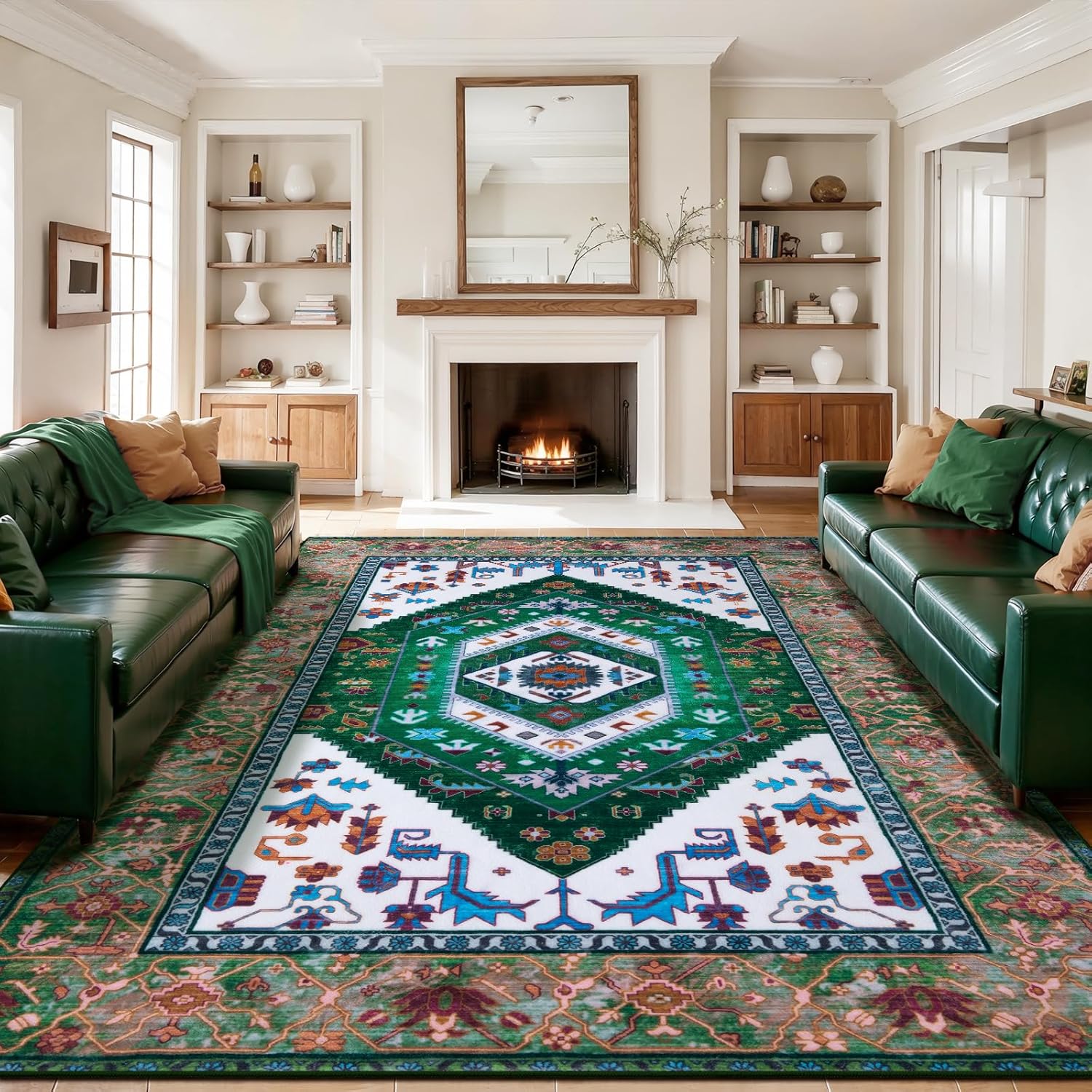 SERISSA Washable Rugs 8x10 Area Rugs, Large Non-Slip Boho Living Room Rust Rug, Ultra Soft Vintage Print Distressed Oriental Tribal Farmhouse Carpet for Dining Room Bedroom Dorm Office Home Decor